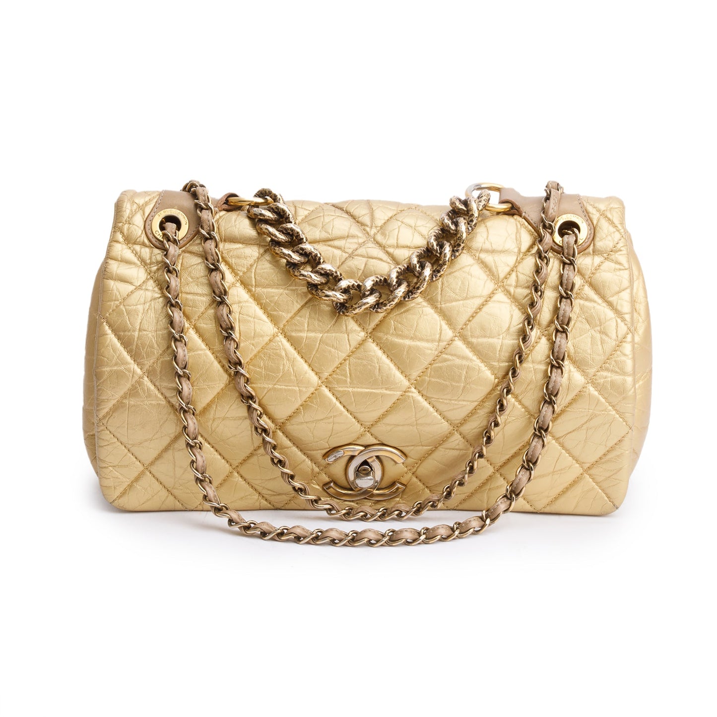 Chanel l Pondicherry Flap Leather Calfskin Gold Travel Bag