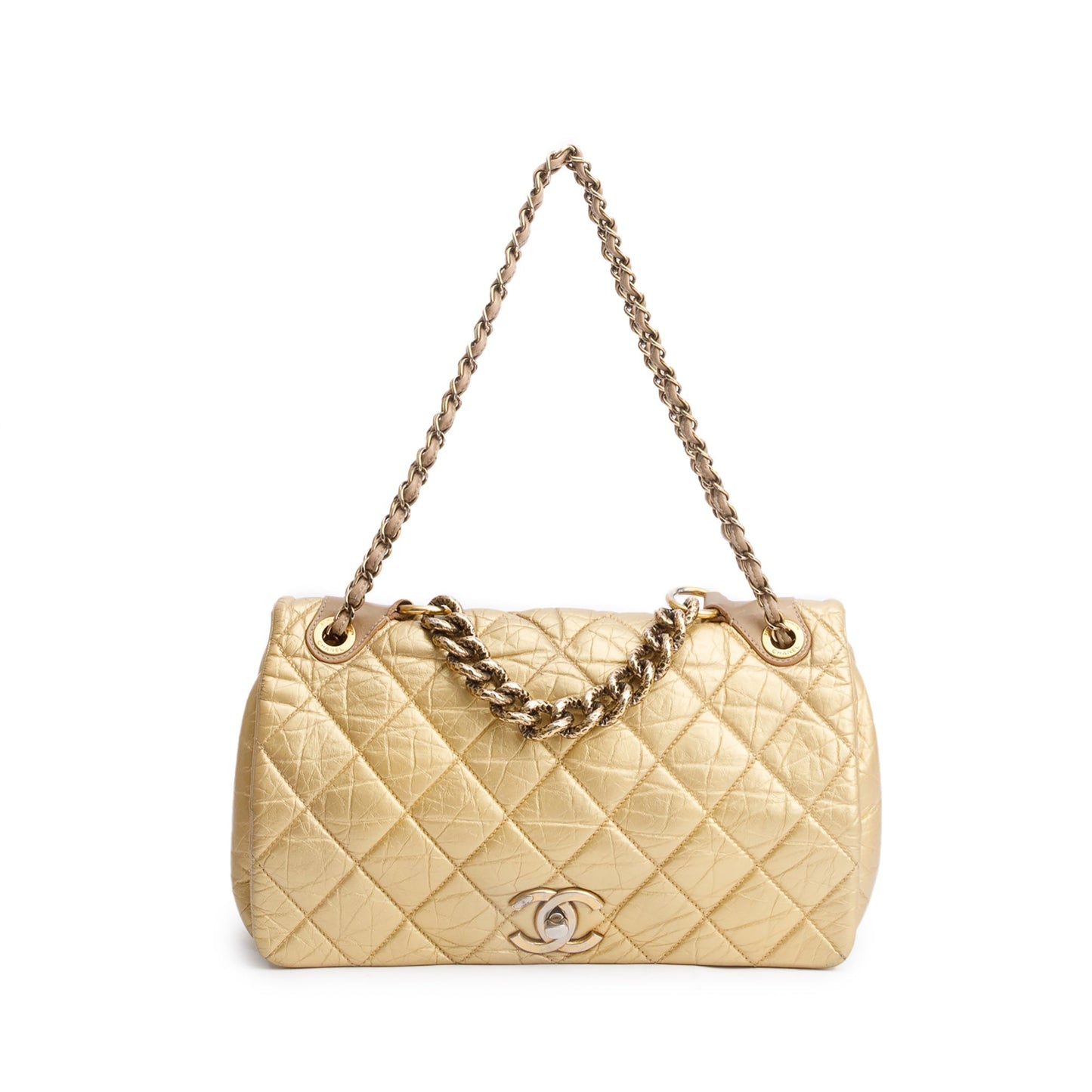 Chanel l Pondicherry Flap Leather Calfskin Gold Travel Bag