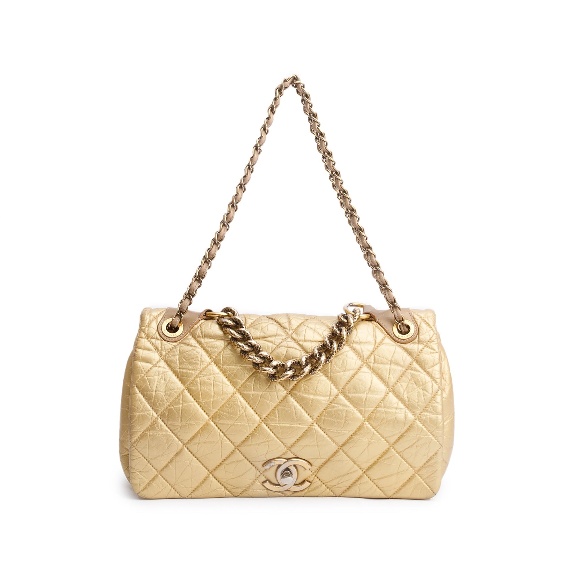 Chanel l Pondicherry Flap Leather Calfskin Gold Travel Bag