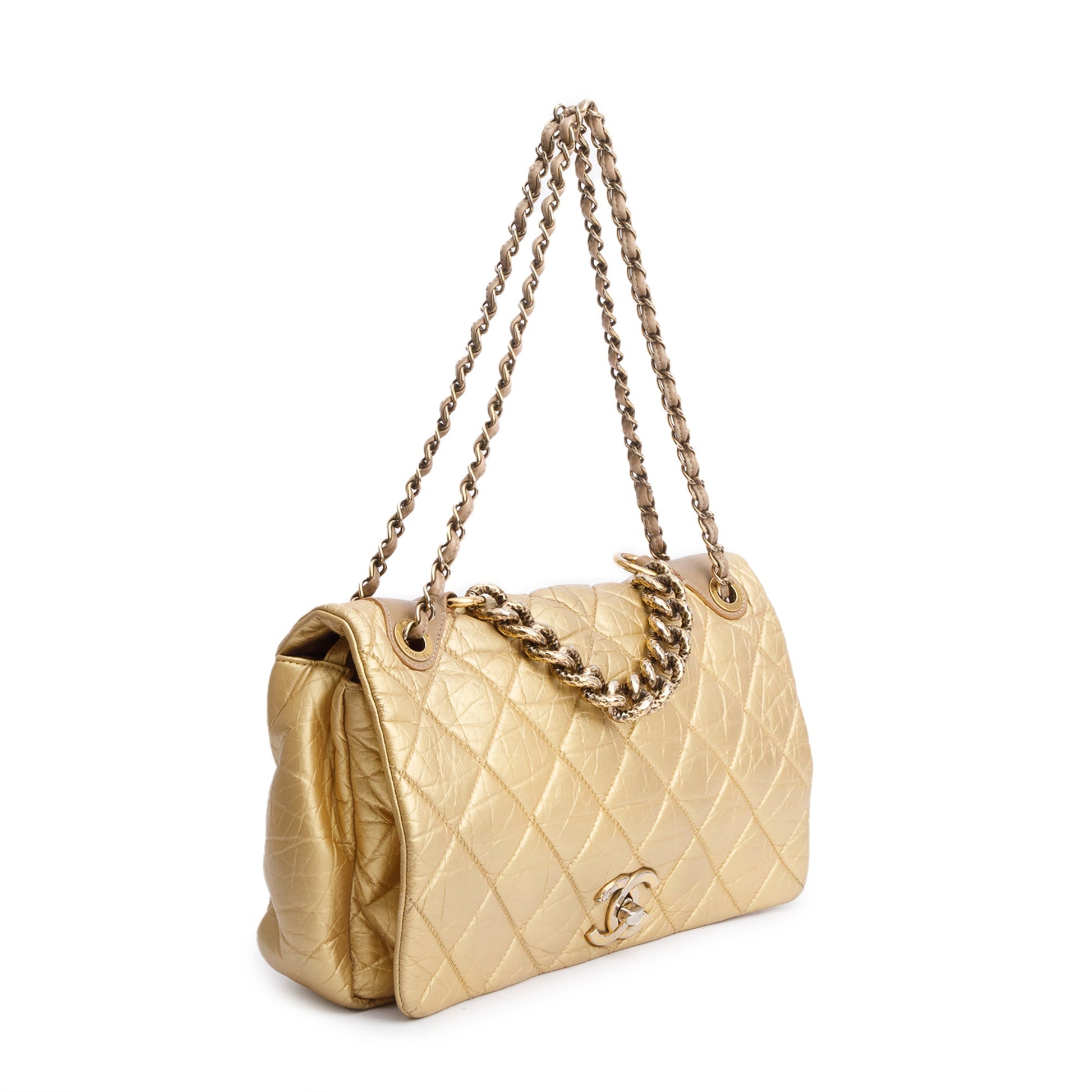 Chanel l Pondicherry Flap Leather Calfskin Gold Travel Bag