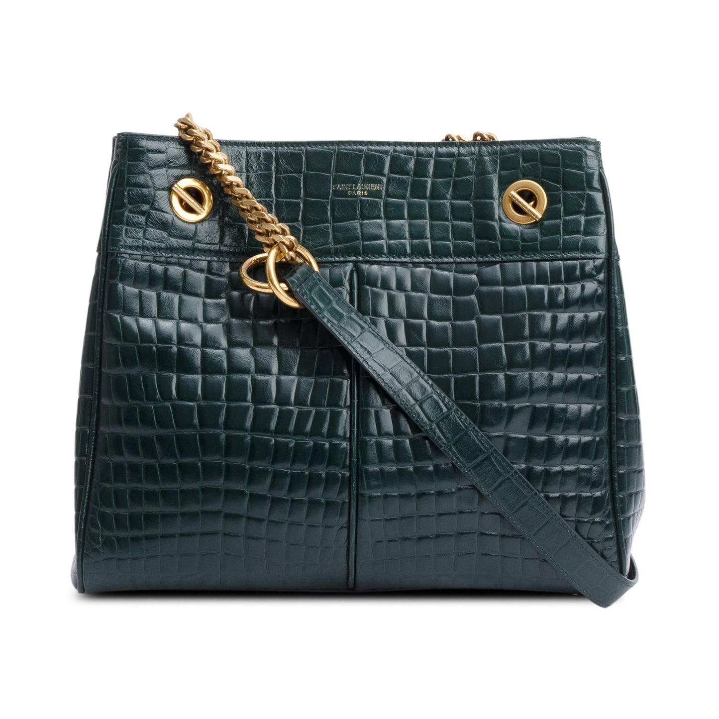 YSL Saint Laurent Croc Embossed Claude Tote Green Tote Bag