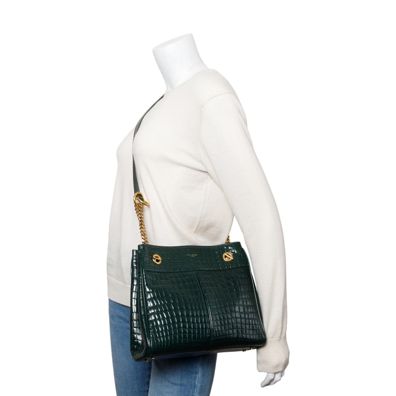 YSL Saint Laurent Croc Embossed Claude Tote Green Tote Bag