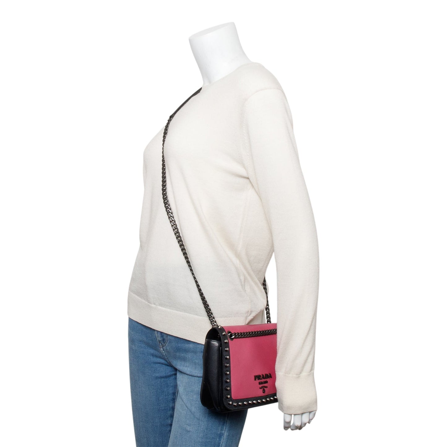 Prada Glace Calf Studded Camera Crossbody Bag Leather Black