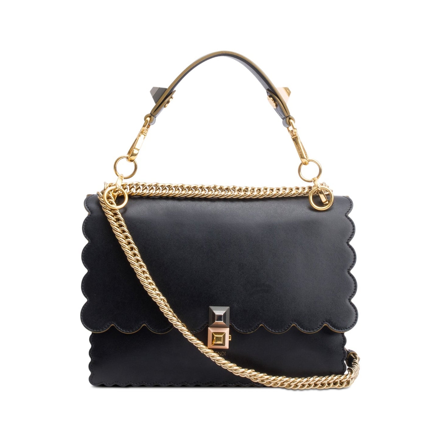 Fendi Calfskin Kan Scallop Shoulder Bag Leather Black