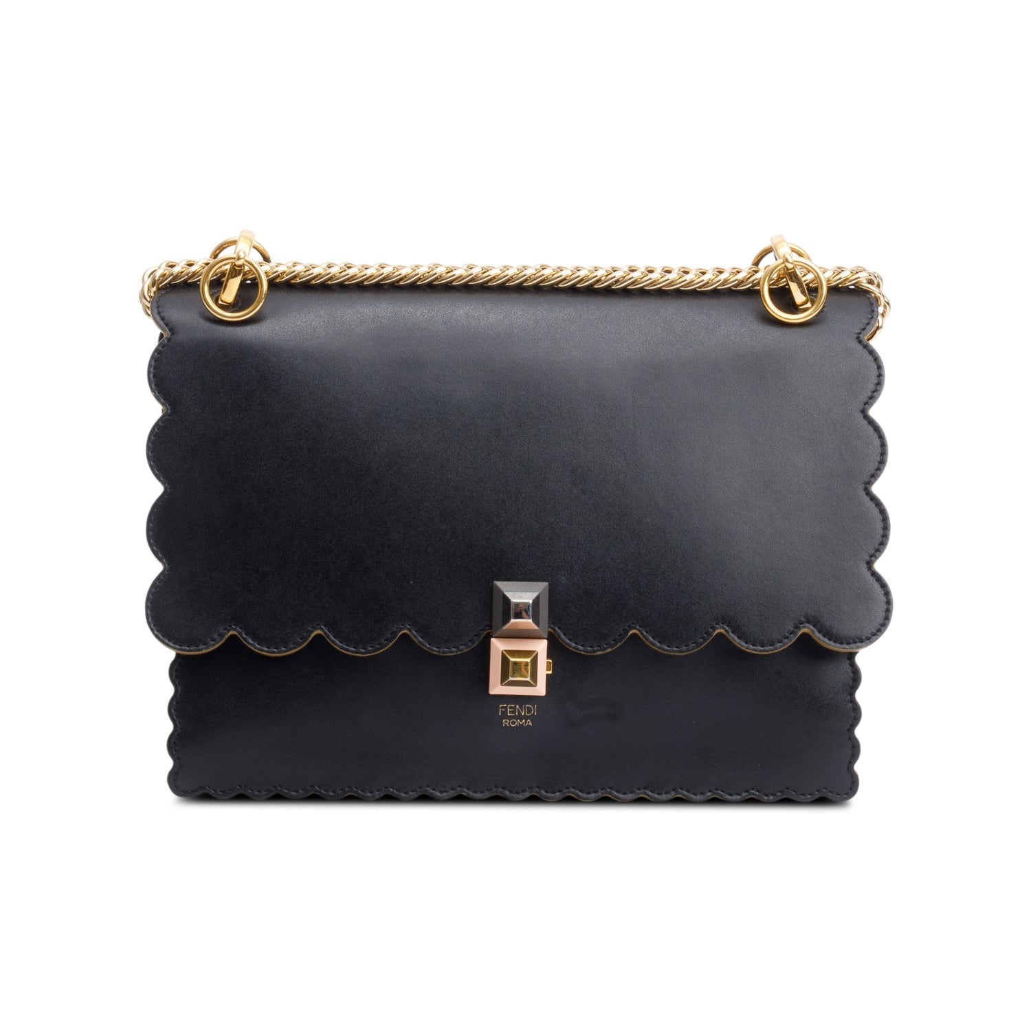 Fendi Calfskin Kan Scallop Shoulder Bag Leather Black