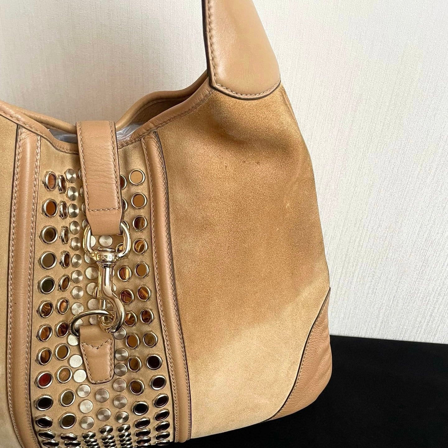 Gucci Jackie Tan Hardware Leather Suede Brown Gold Travel Bag