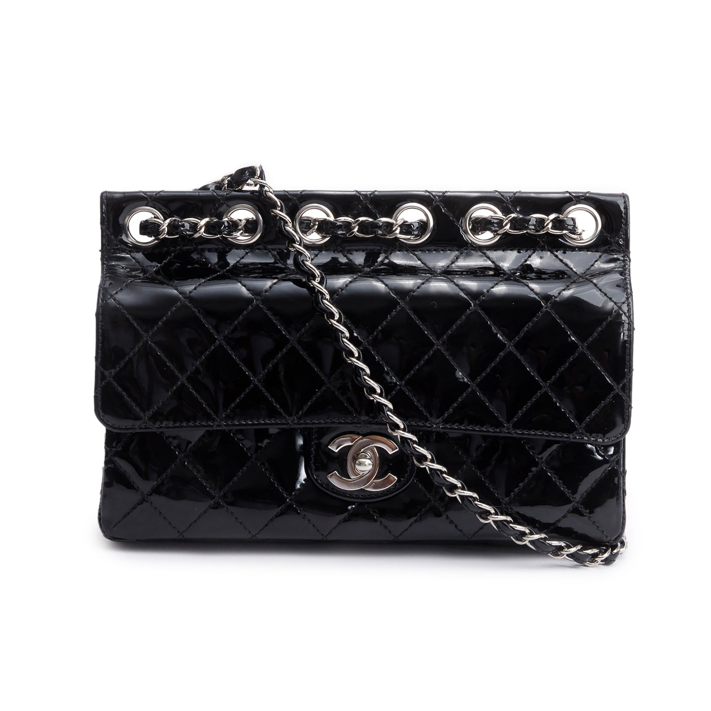 Chanel Quilted Patent Through Flap Leather Black Travel Bag