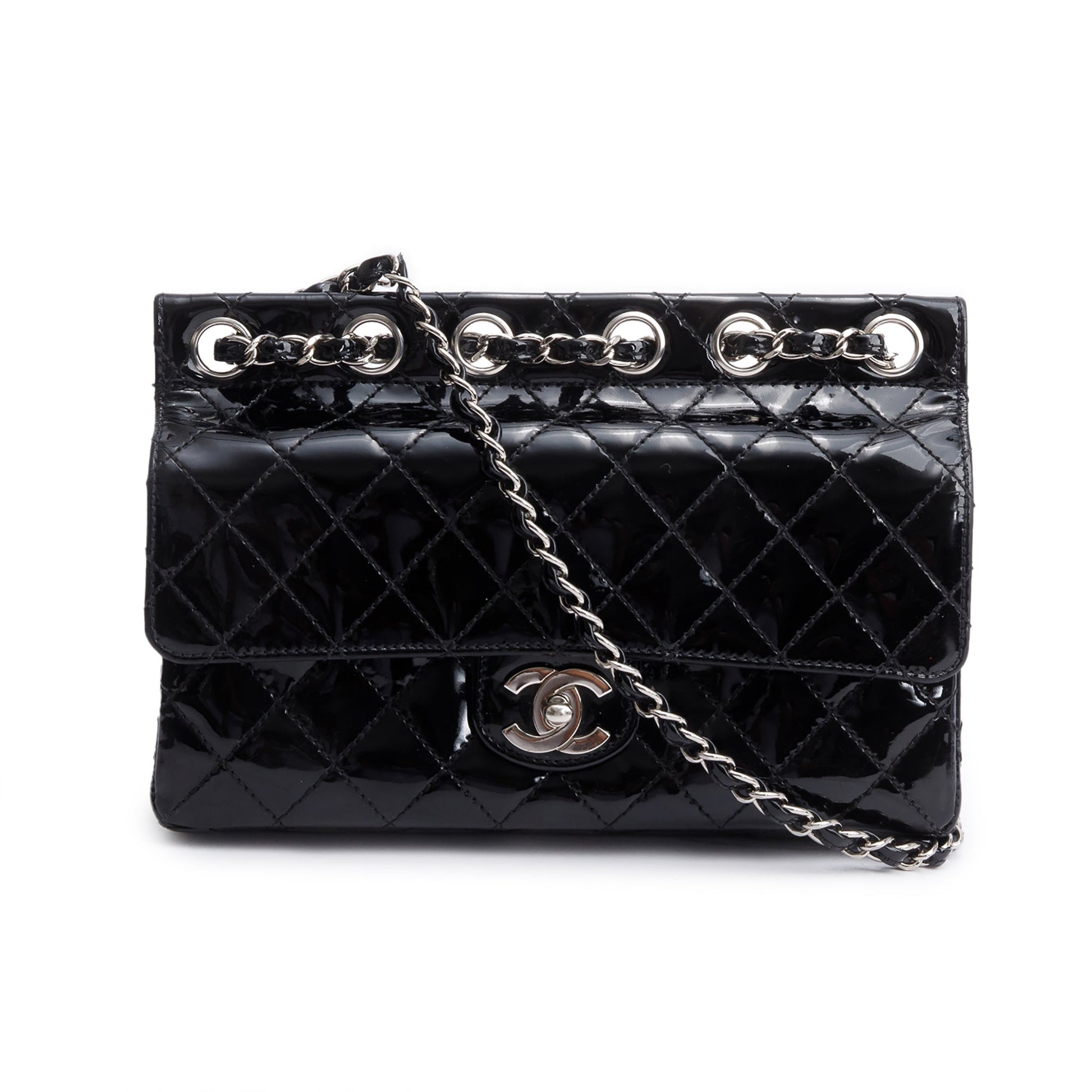 Chanel Quilted Patent Through Flap Leather Black Travel Bag