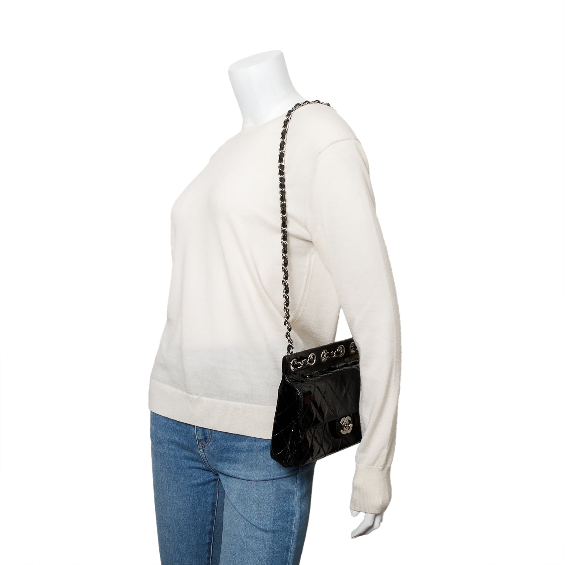 Chanel Quilted Patent Through Flap Leather Black Travel Bag