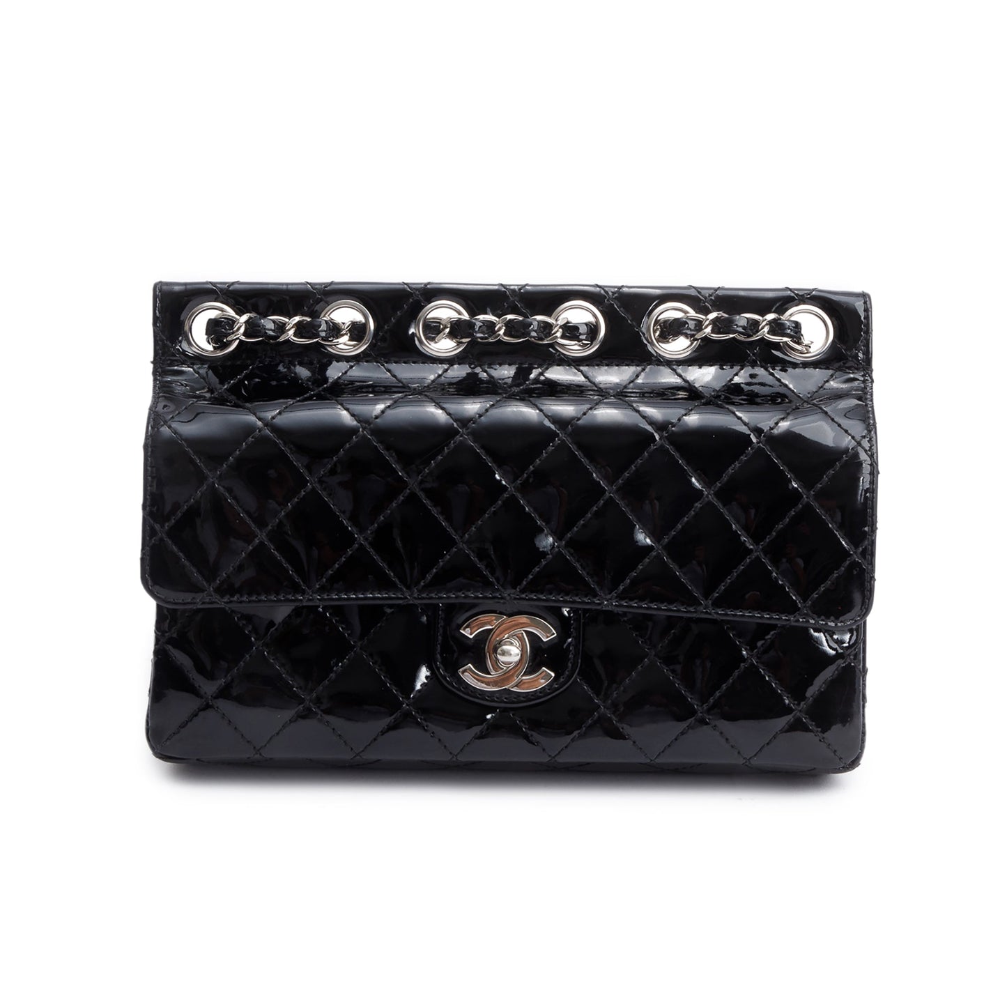 Chanel Quilted Patent Through Flap Leather Black Travel Bag