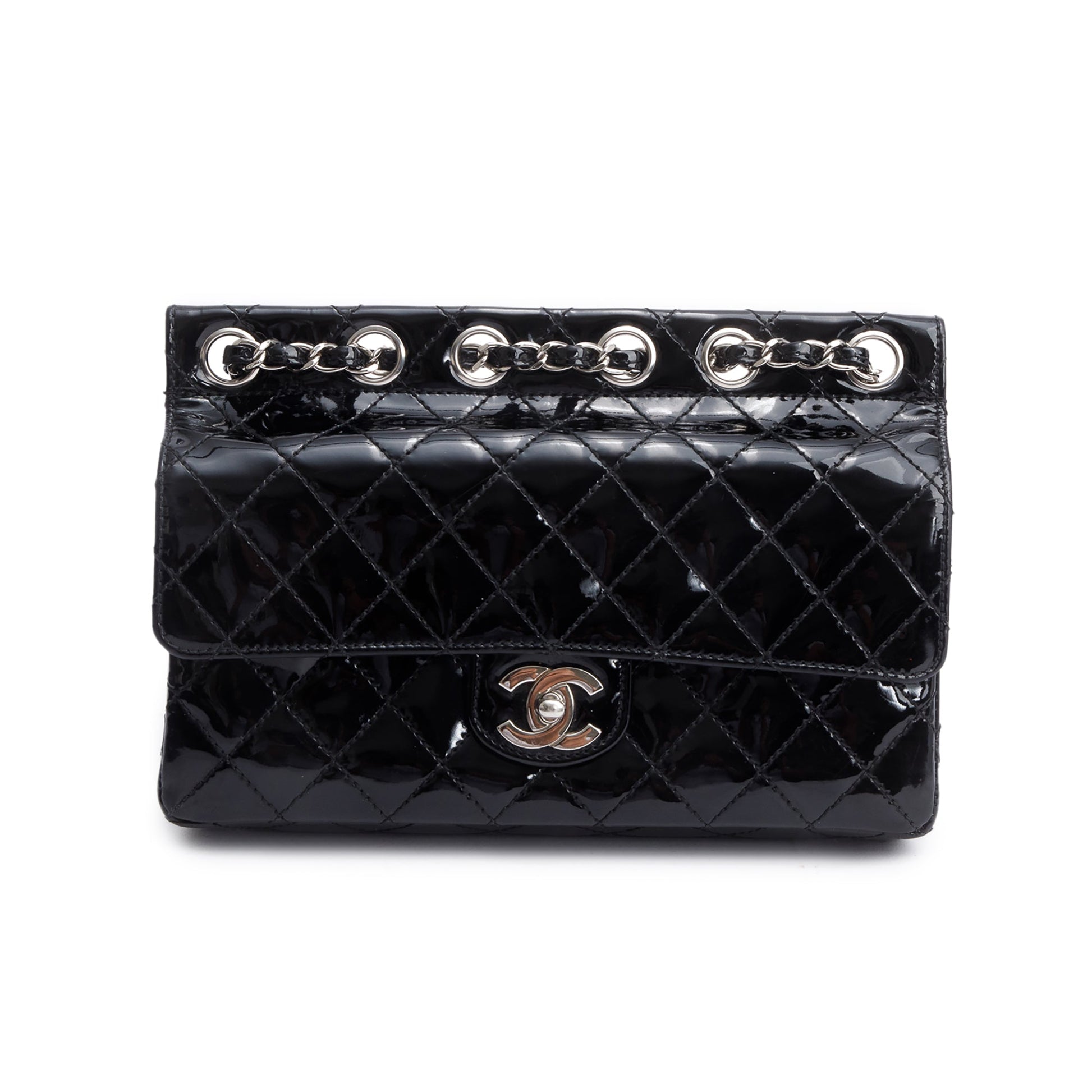 Chanel Quilted Patent Through Flap Leather Black Travel Bag