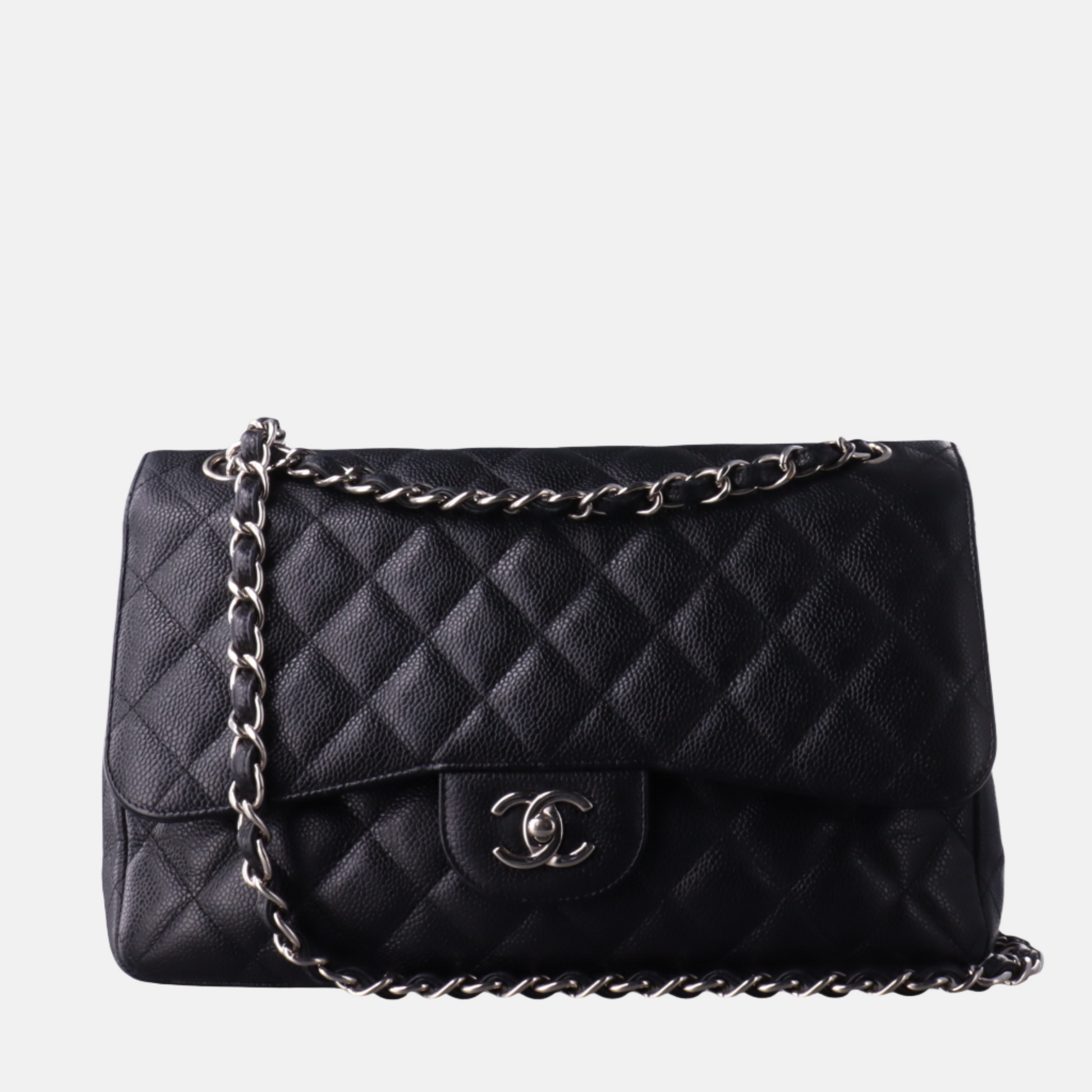 Chanel Classic Flap Jumbo Caviar Double Flap Black Silver Leather Handbag