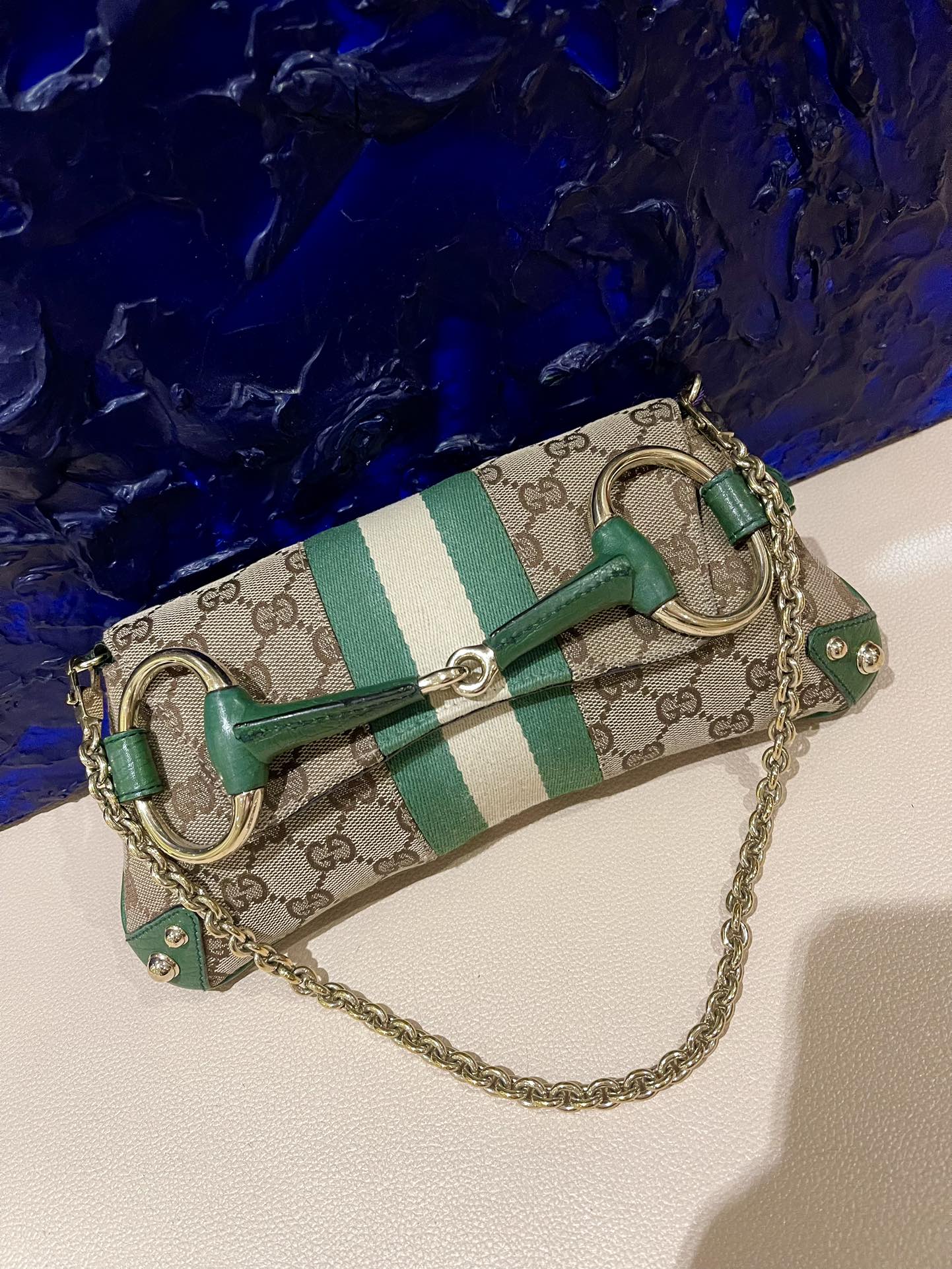 Gucci Horsebit Chain Studs Monogram Leather Green Gold Handbag Gold Studs
