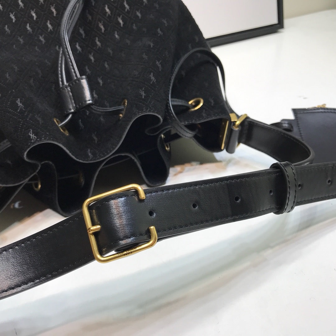 YSL Saint Laurent All-Over 10.5in 27cm Monogram Black Bucket Bag