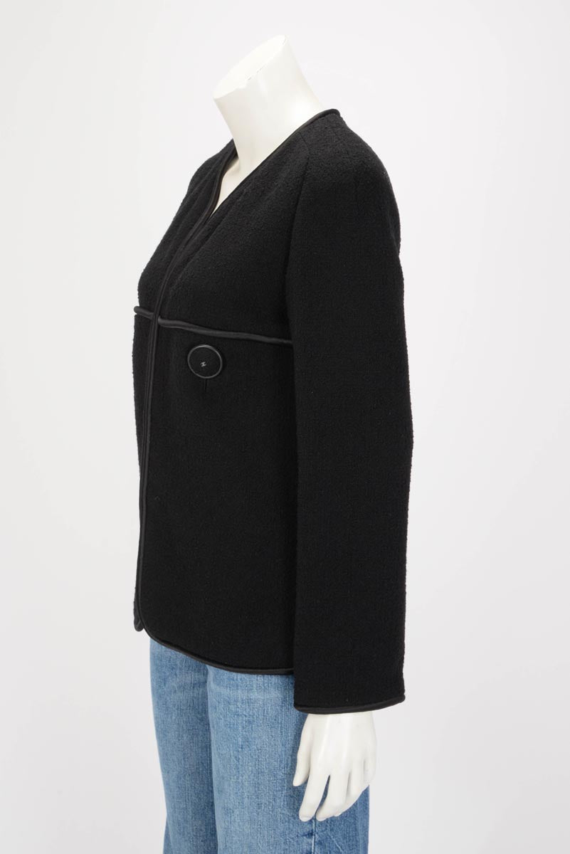 Chanel Black Wool Boucle Collarless Edge To Edge Jacket Fr 38