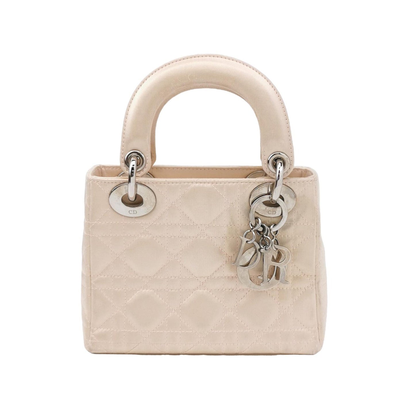 Dior Lady Silk Handbag Hardware Beige Silver Travel Bag