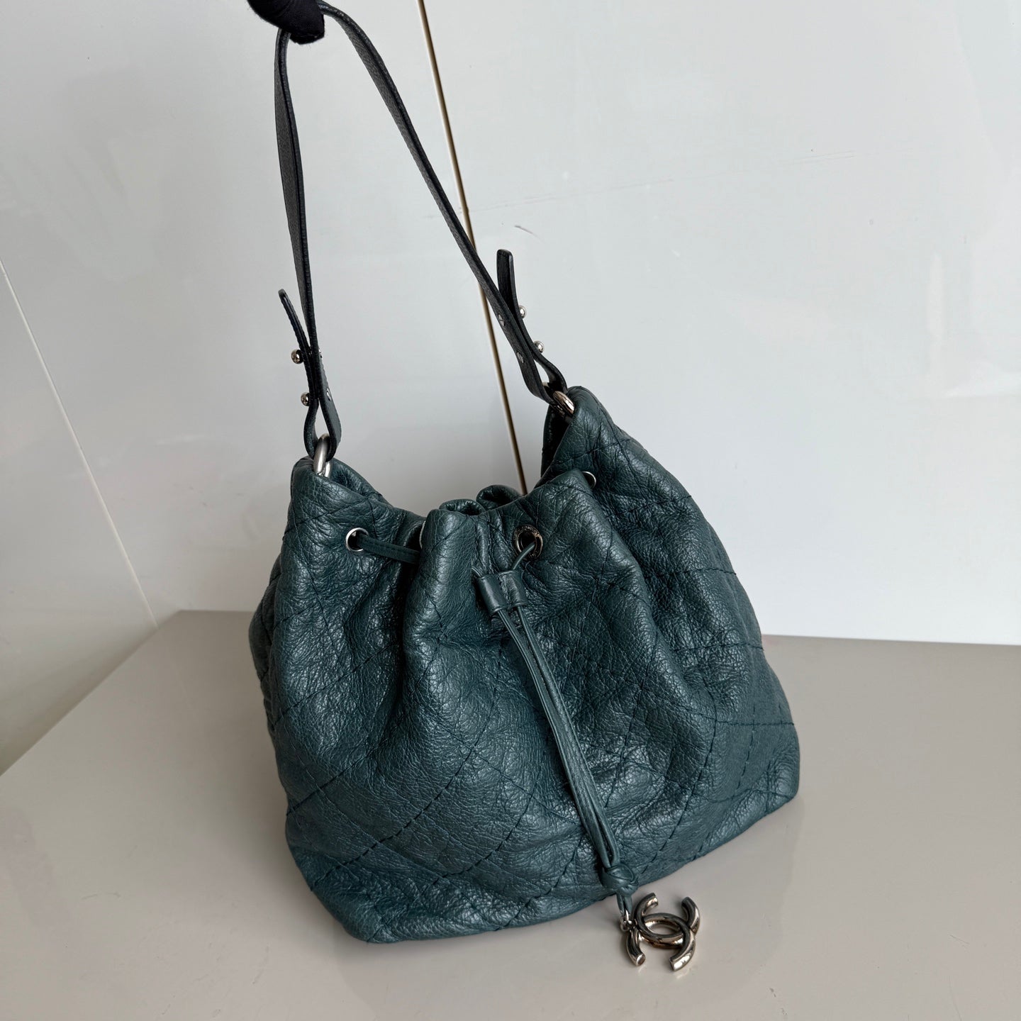 Chanel Bucket Dark Calfskin Hardware Green Silver Leather Bucket Bag