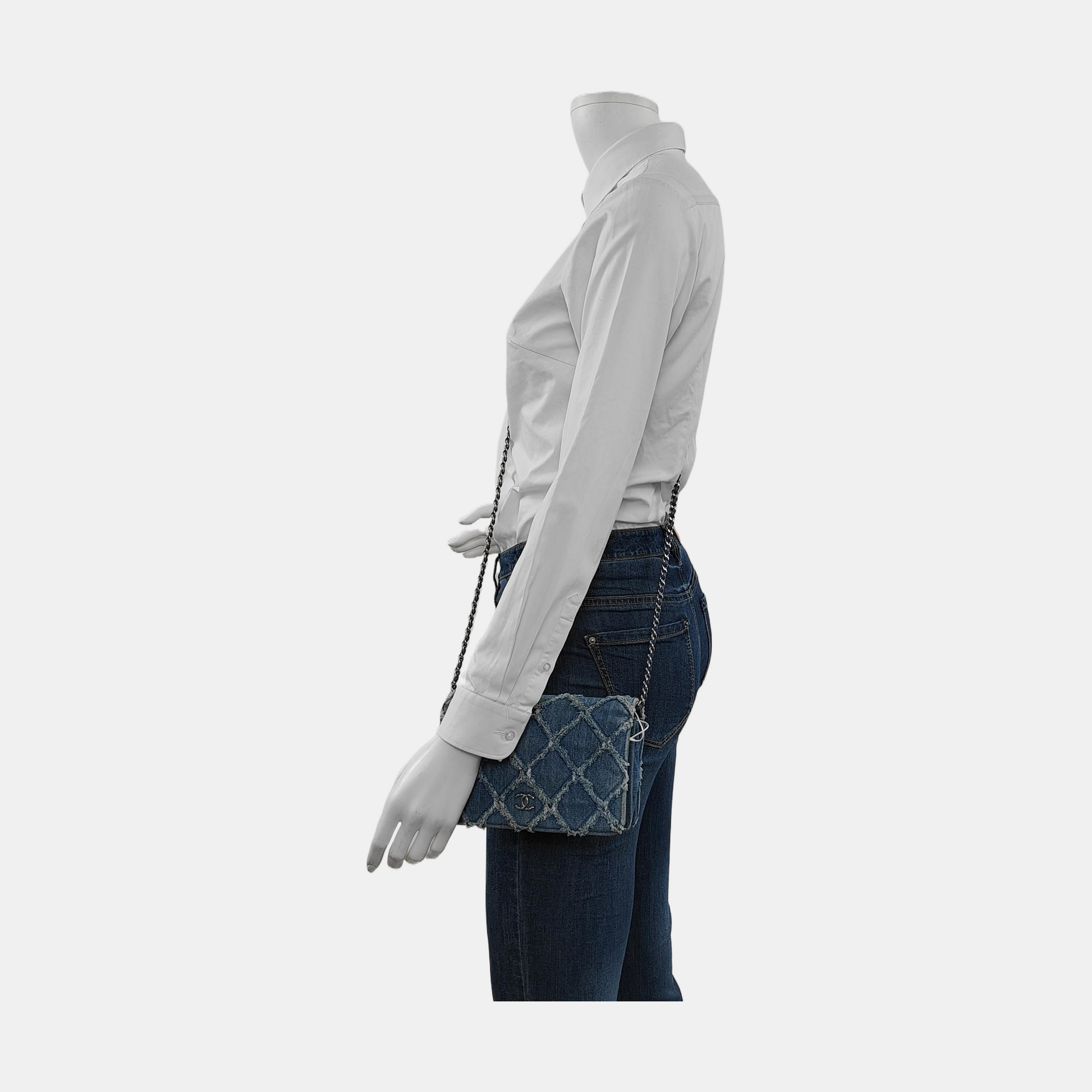 Chanel on Denim Full Flap Wild Stitch Blue Silver Wallet Case