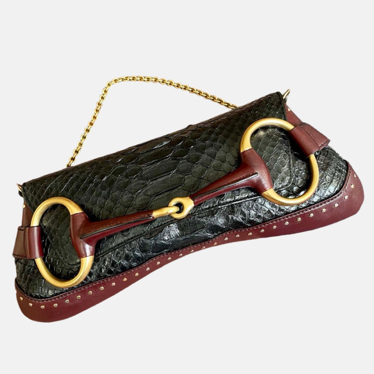 Gucci Horsebit Chain Burgundy Leather Python Black Large Shoulder Bag
