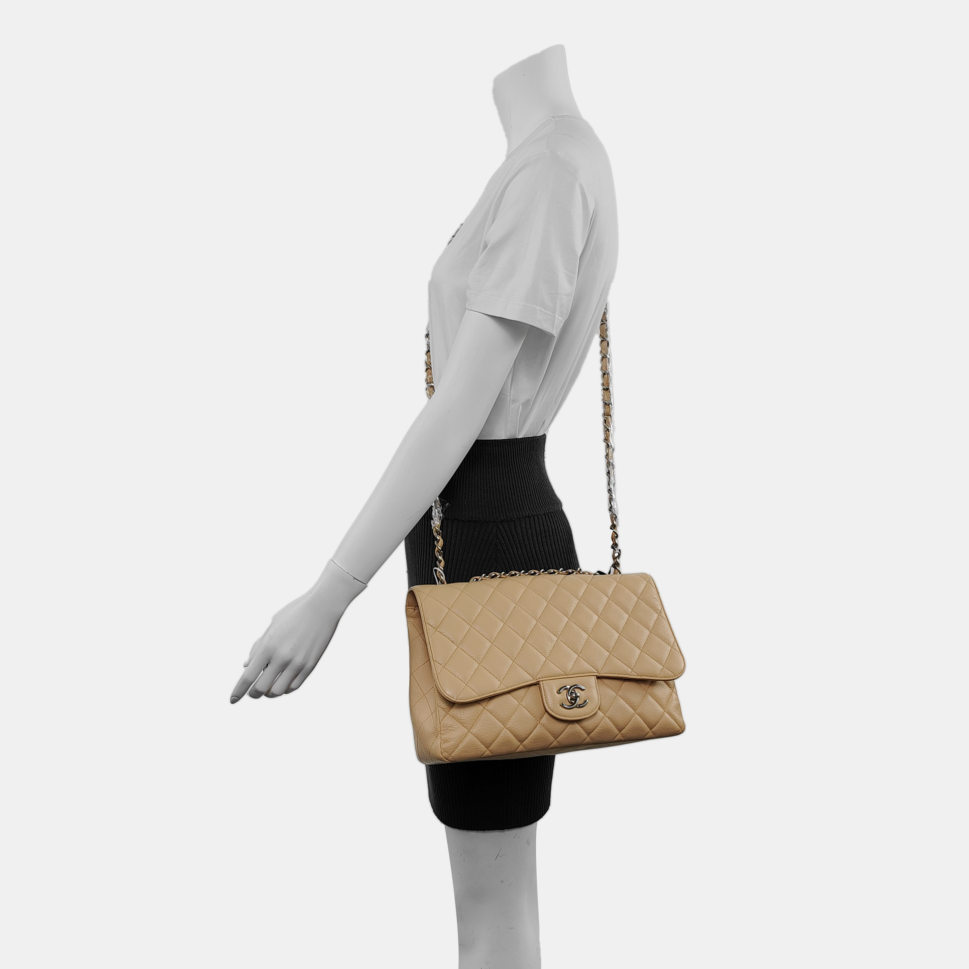 Chanel Classic Flap Jumbo Caviar Single Flap Silver Beige Leather Handbag Hardware 1