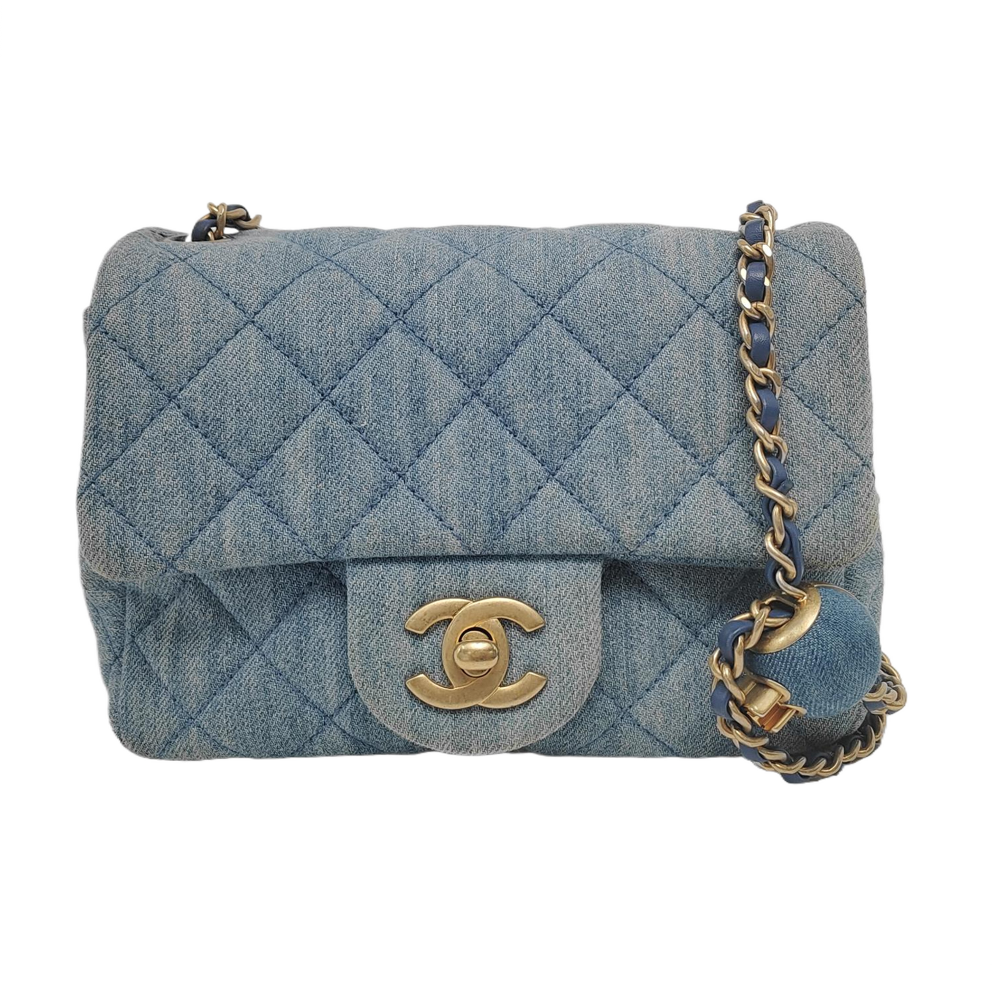 Chanel Classic Flap Square Denim Jeans Hardware Blue Gold Mini Bag