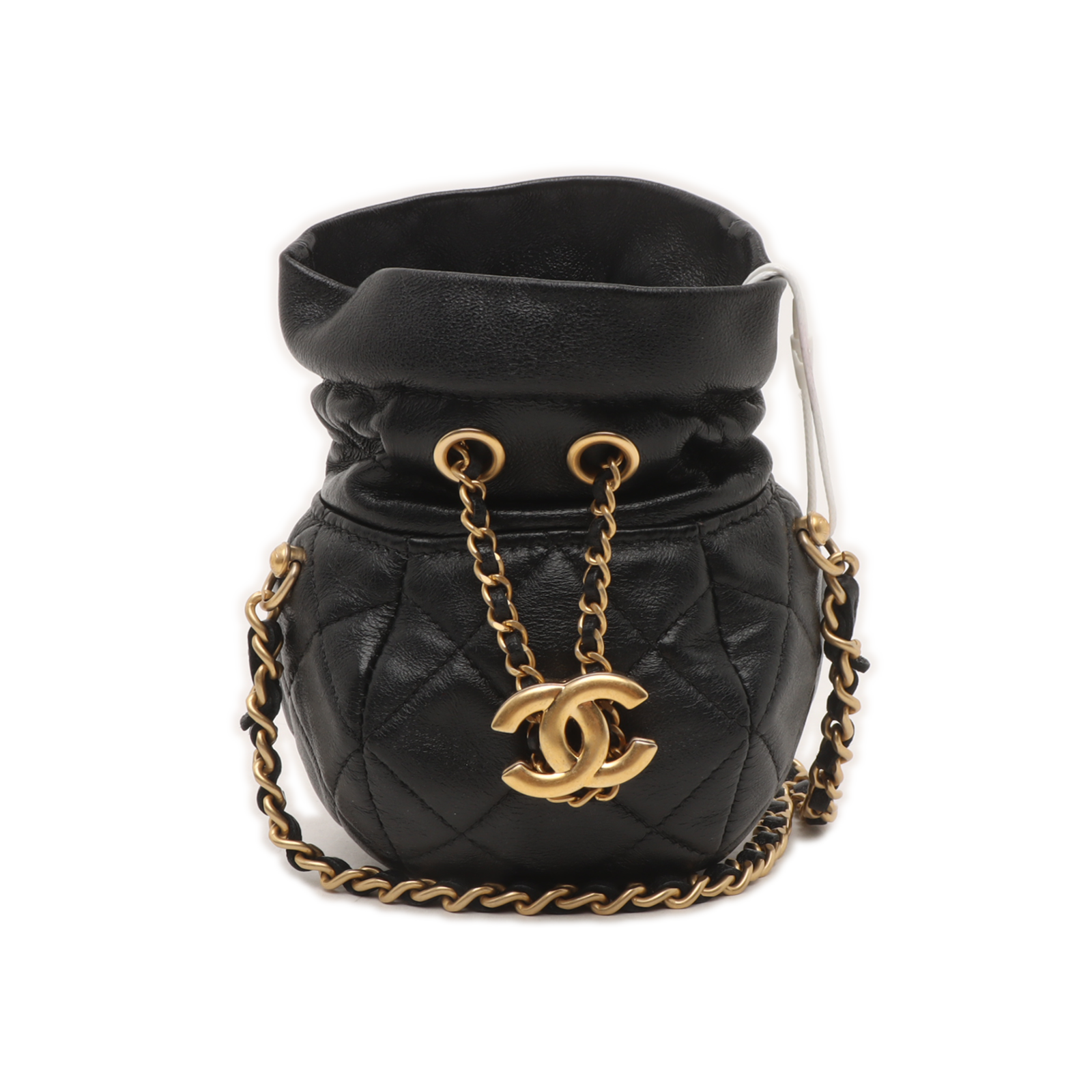 Chanel Nano Bucket Round Lambskin HW Sling Black Gold Crossbody Bag