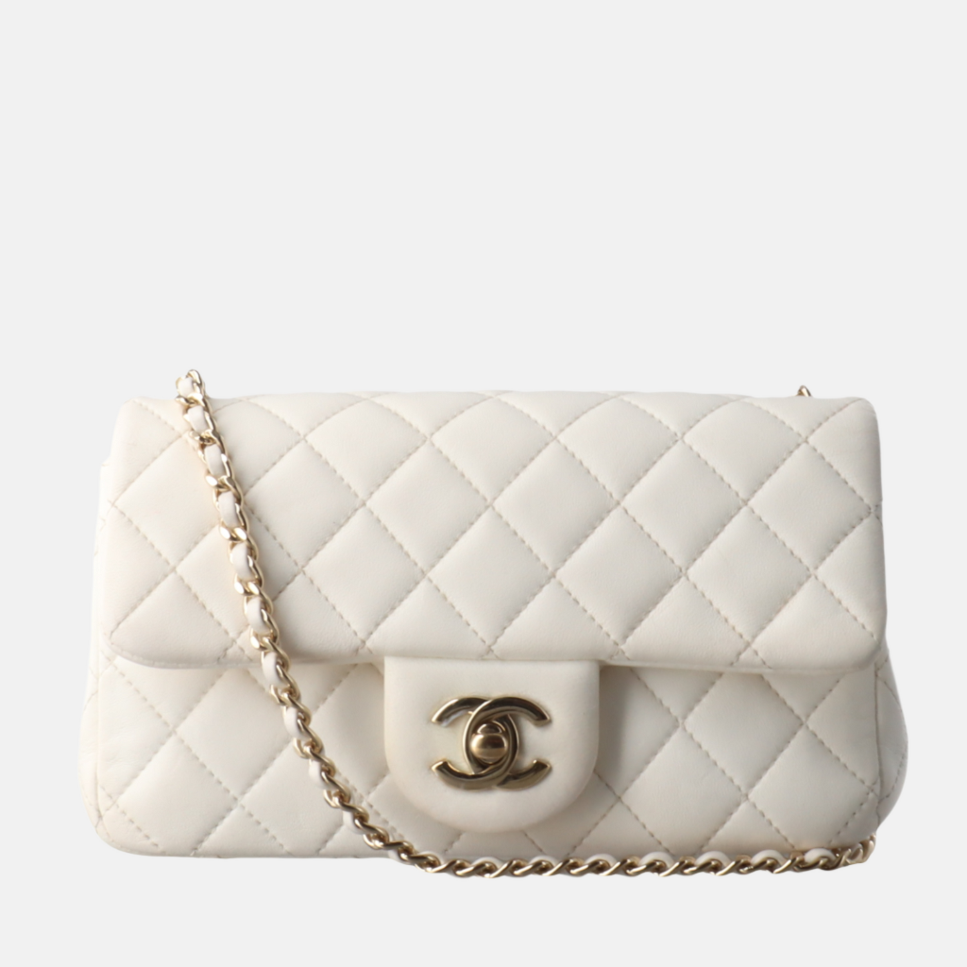 Chanel Classic Flap Rectangular Lambskin Pearl Crush White Gold Mini Bag