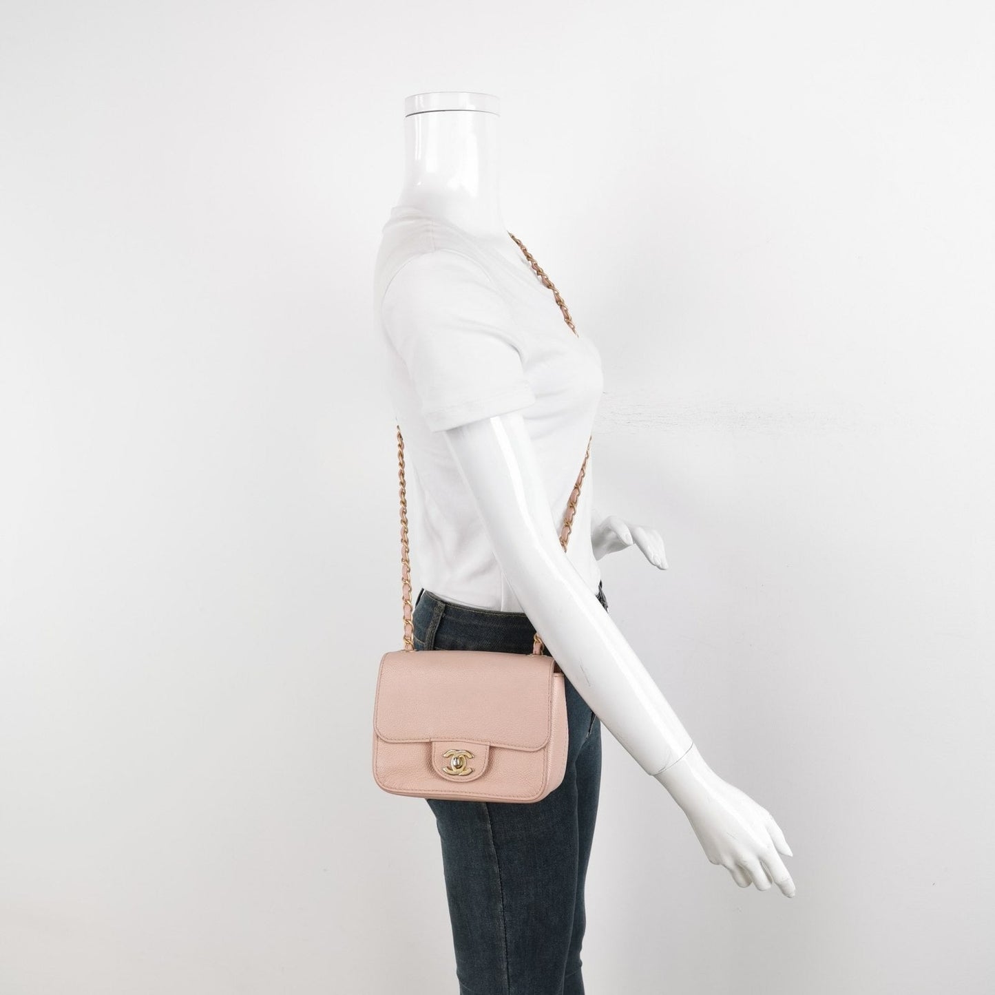 Chanel Square Classic Flap Caviar -tone Hardware Pink Gold Leather Mini Bag