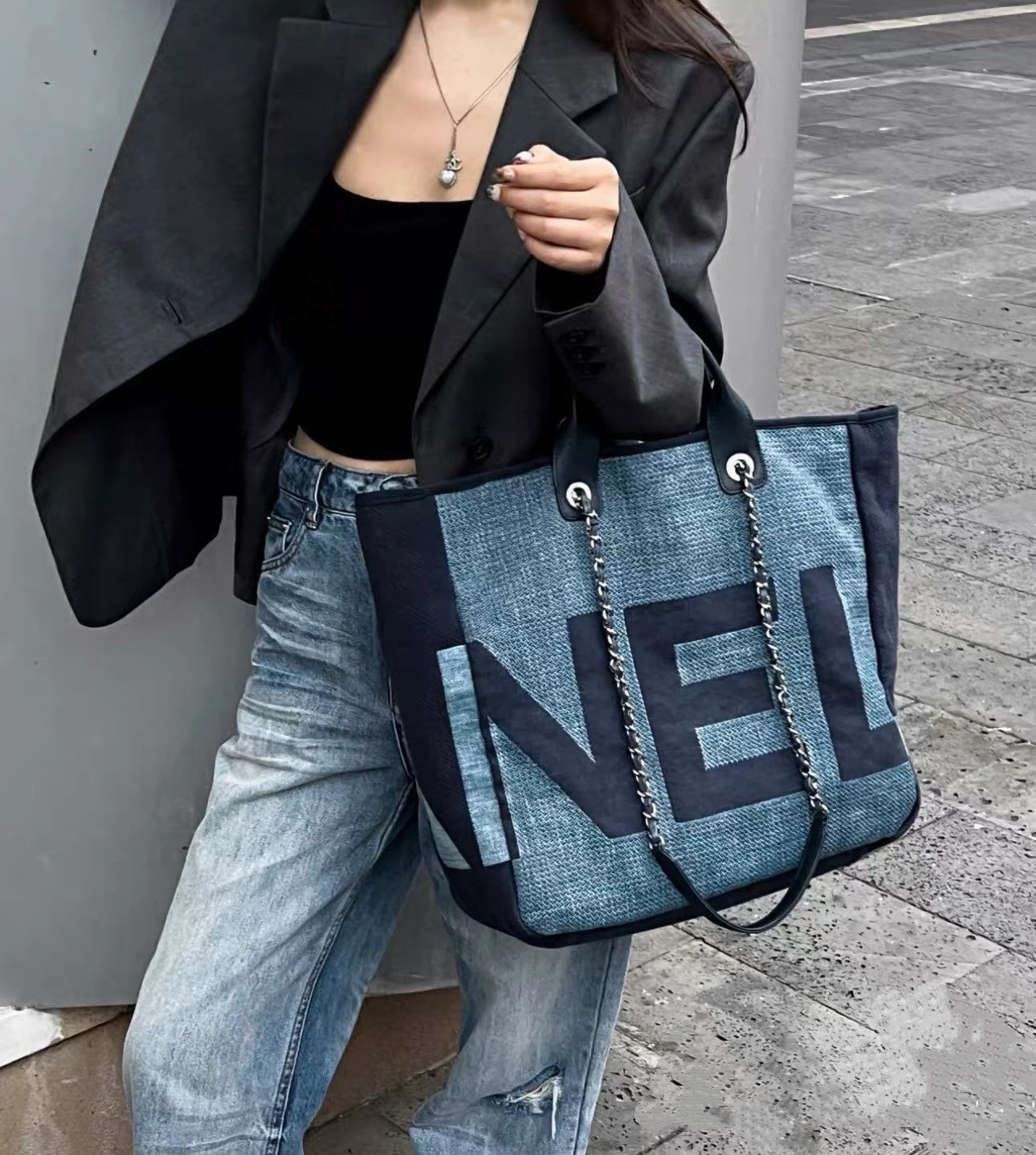 Chanel Deauville Navy Denim Top Handle Tote Bag Handle 2