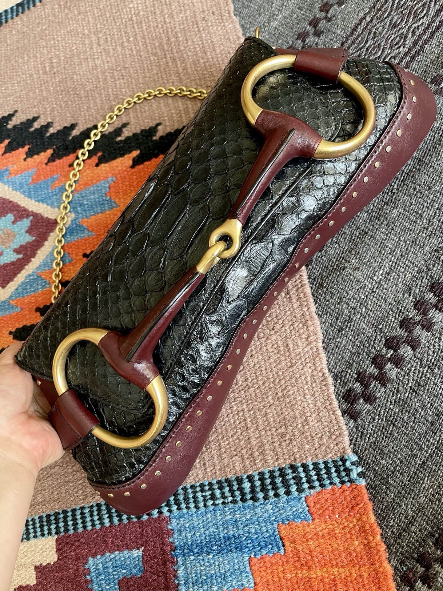 Gucci Horsebit Chain Burgundy Leather Python Black Large Shoulder Bag