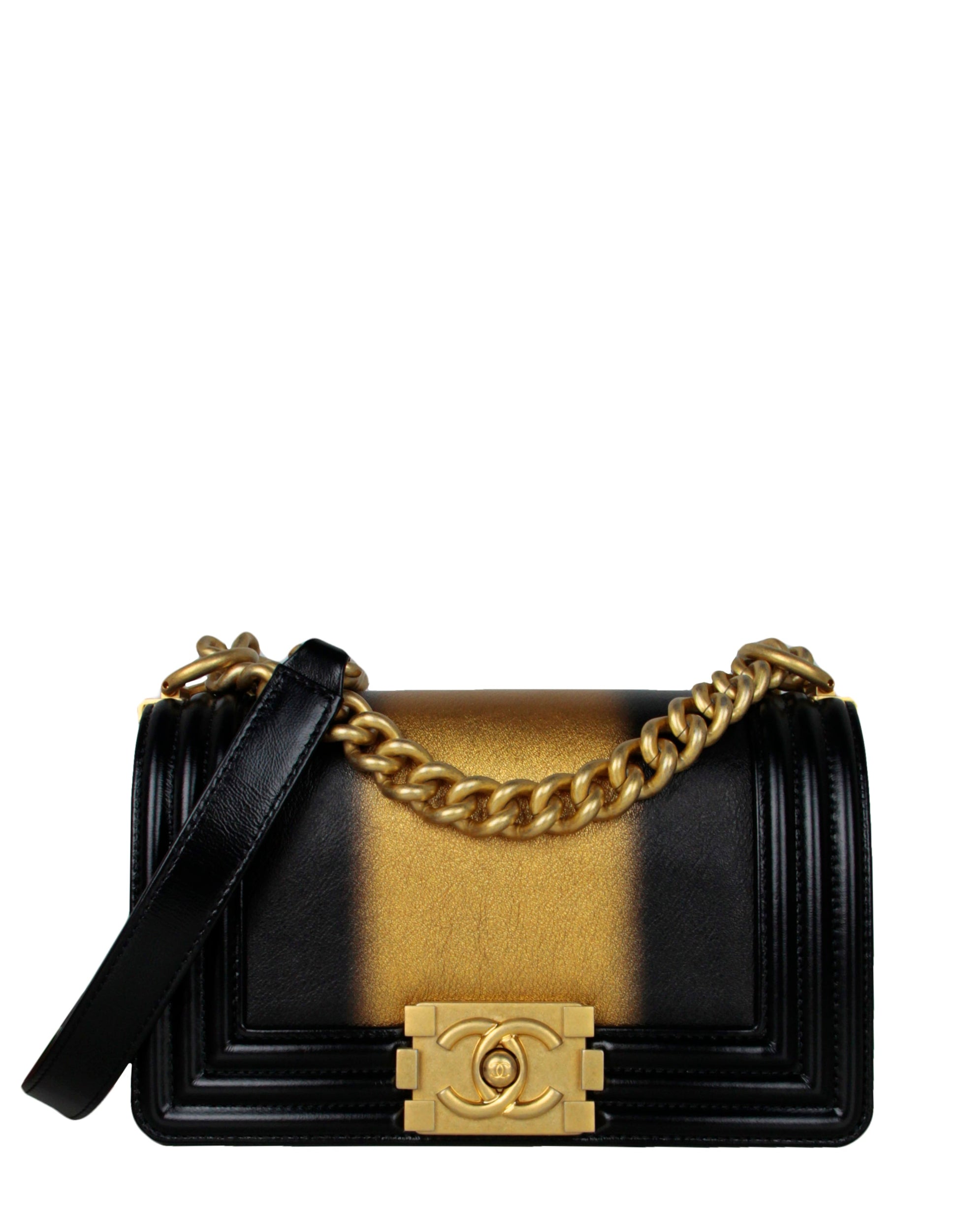 Chanel Calfskin Leather Metallic Black/Gold Small Boy Bag