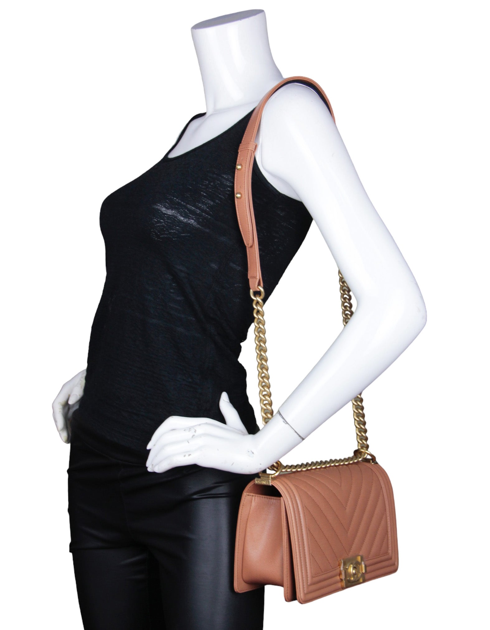 Chanel 2023 Nwt Tan Caviar Leather Chevron Quilted Medium Boy Bag
