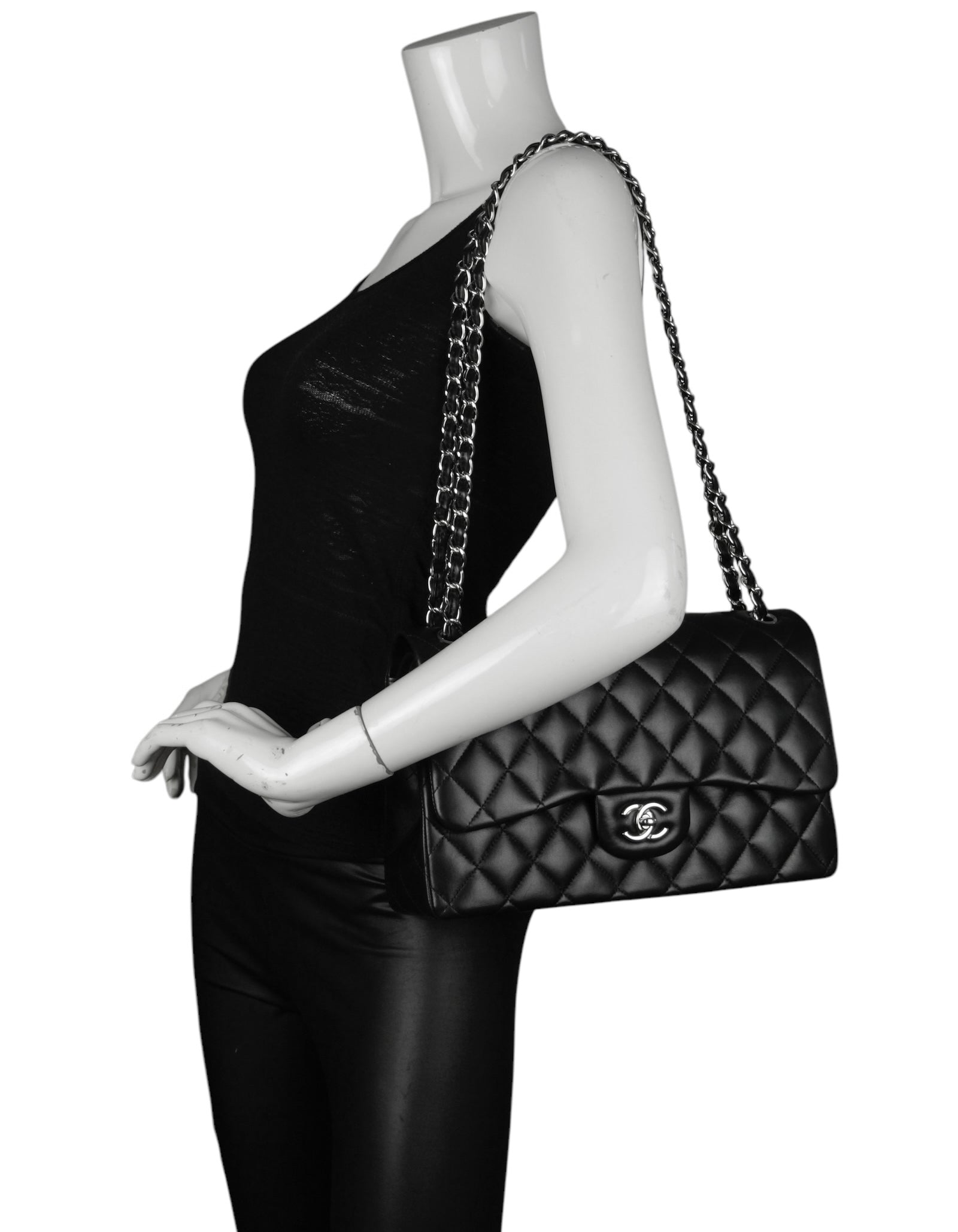 Chanel Black Lambskin Leather Double Flap Jumbo Women Shoes