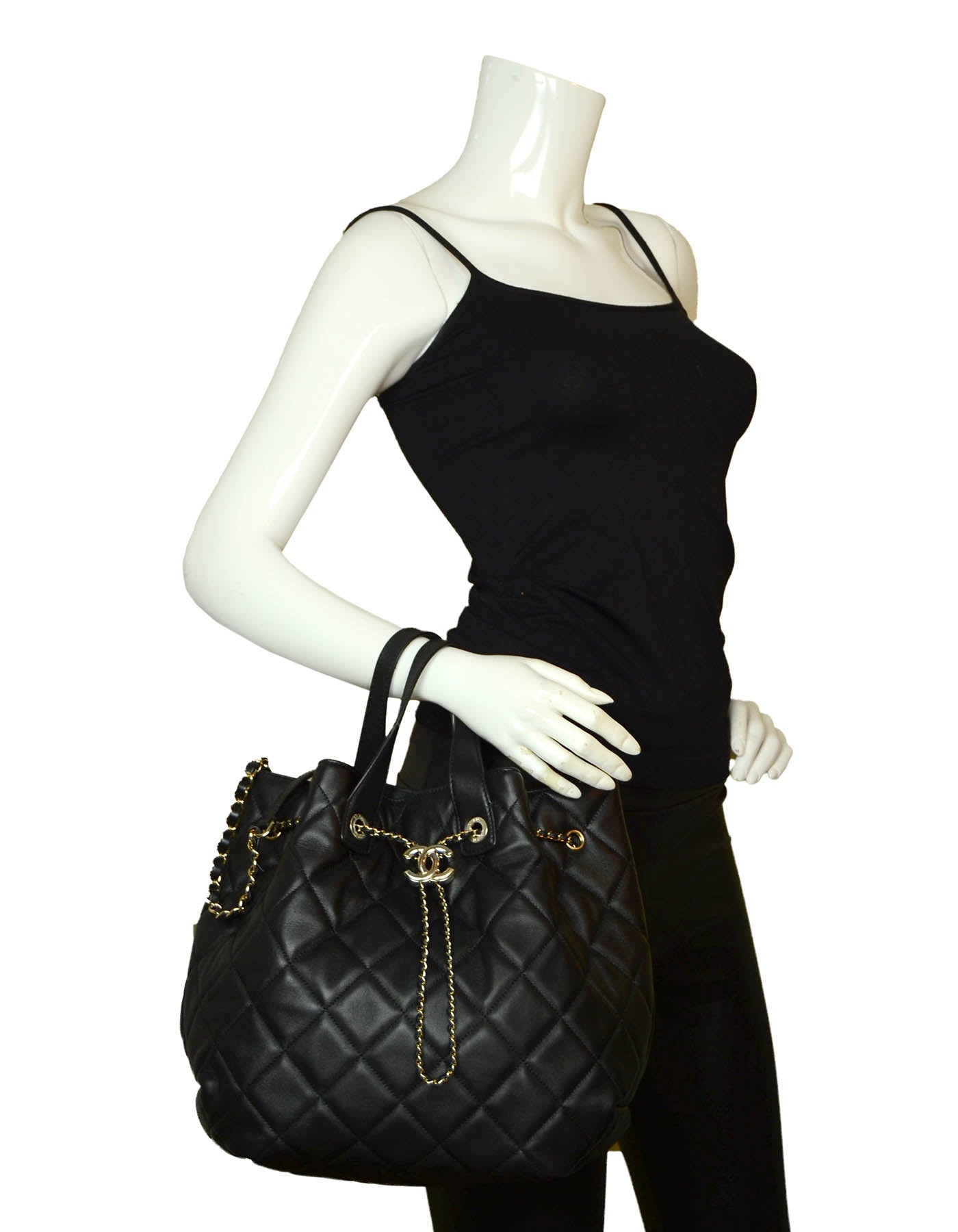 Chanel Black Lambskin Quilted Cc Dweller Drawstring Bucket Tote Bag