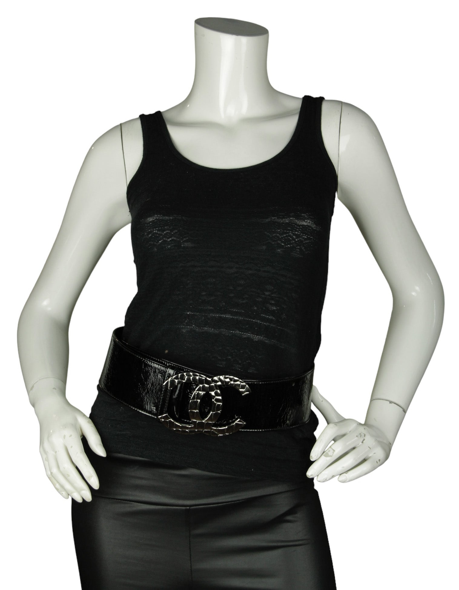 Chanel Black Patent Leather Quilted Cc Logo Wide Belt Sz 80/32" Bag