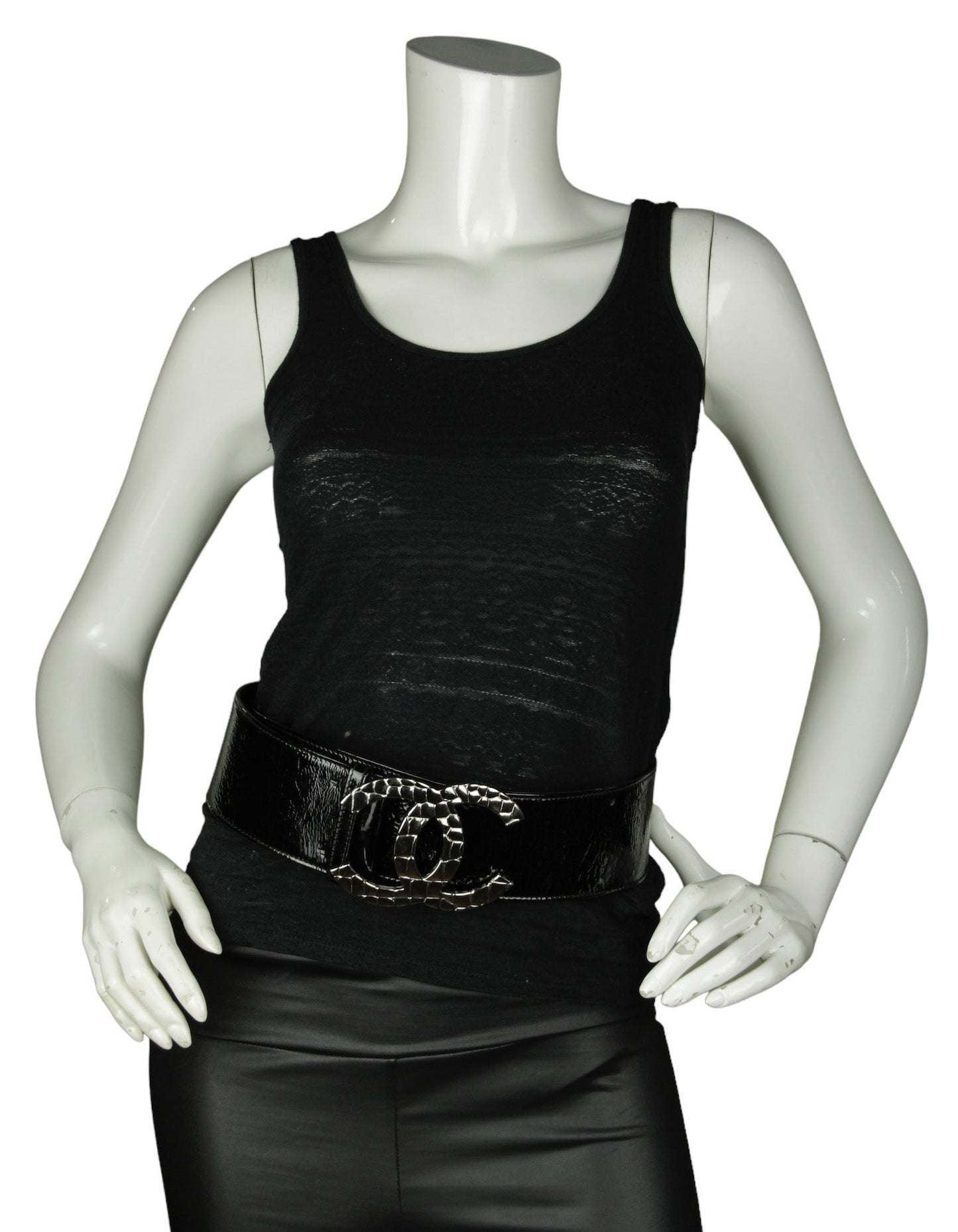 Chanel Black Patent Leather Quilted CC Logo Wide Belt sz 80/32"