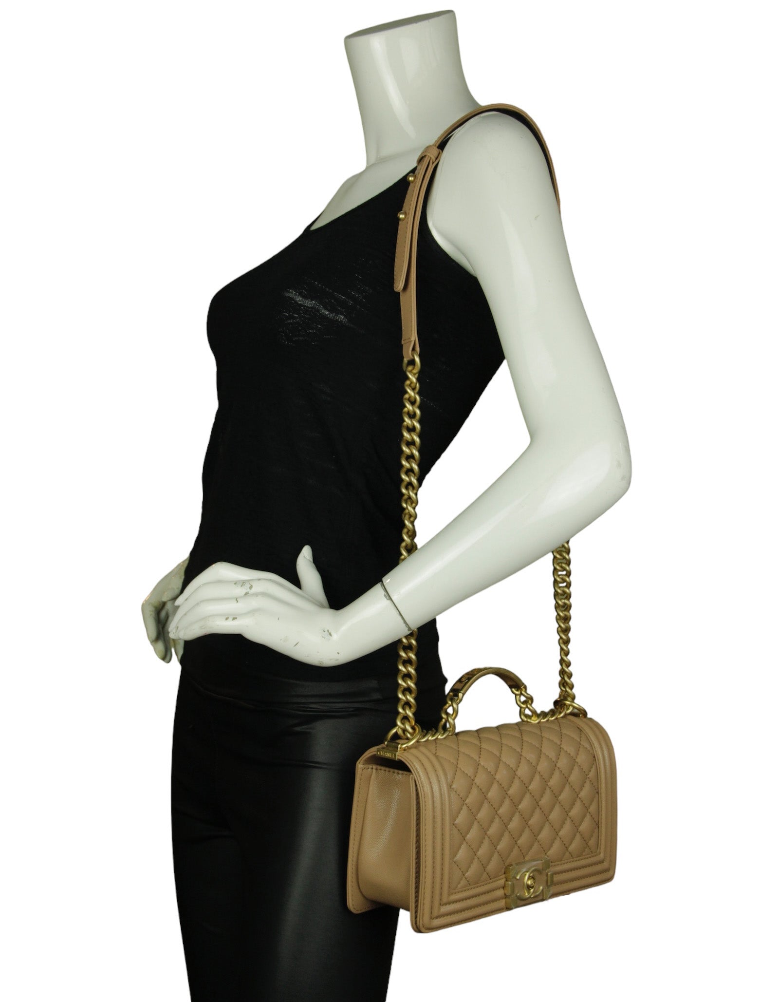 2CHANEL Dark Beige Caviar Quilted Medium Top Handle Boy Flap Db 100