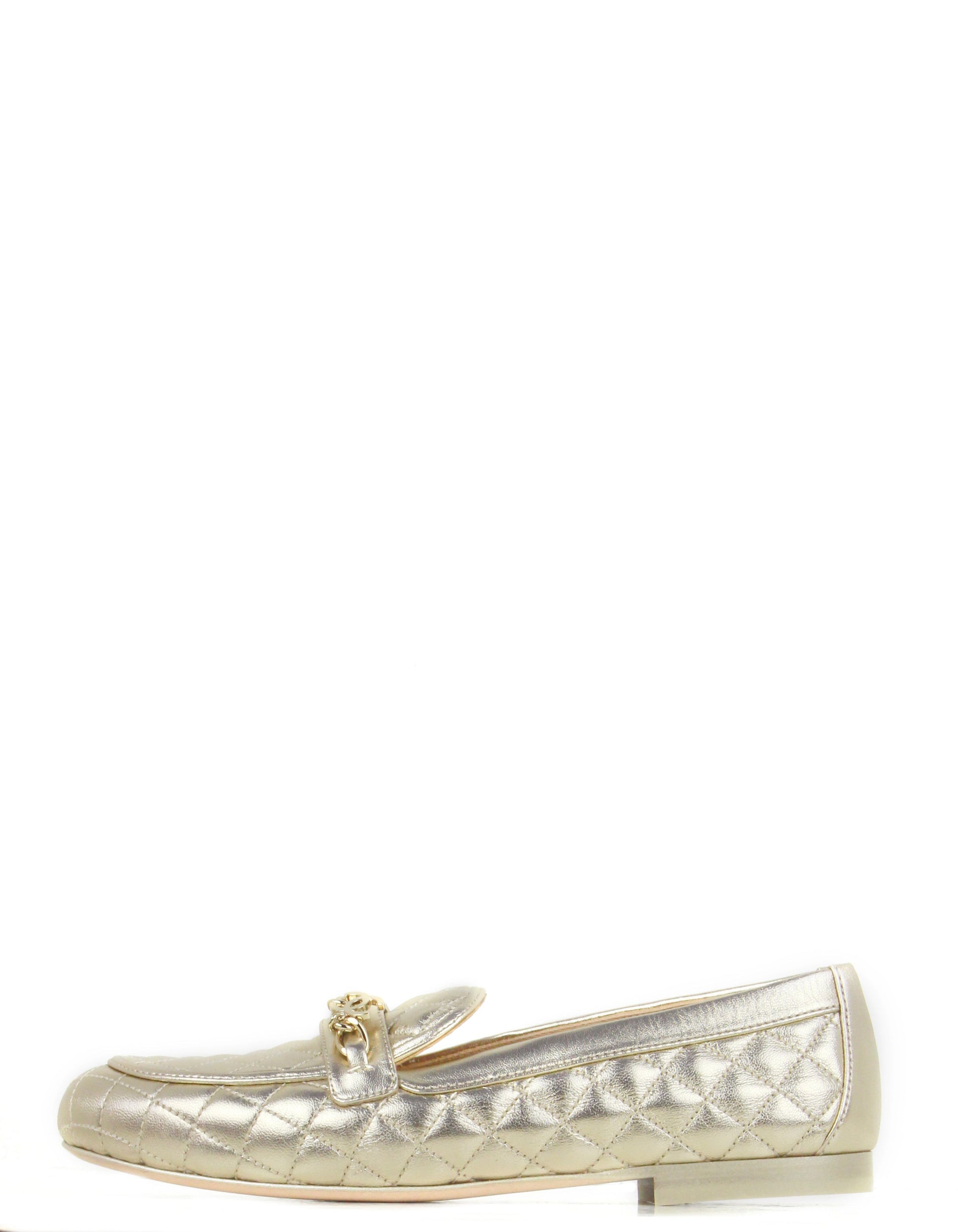 Chanel Gold Lambskin Quilted Chain CC Loafers Sz 39C for Women