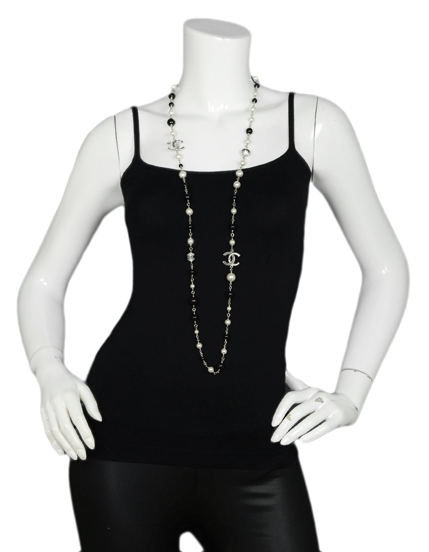 Chanel Black Bead & Faux Pearl Necklace With Strass Crystal Cc & Beads