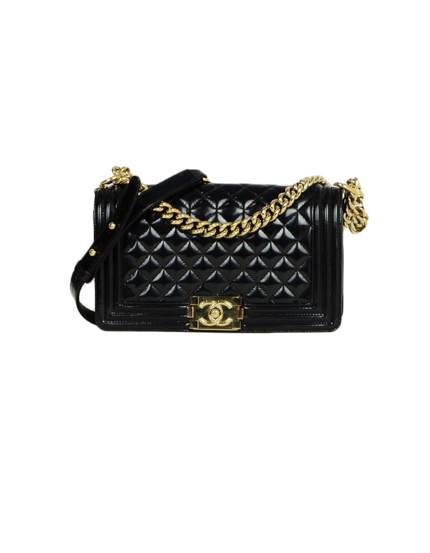 Chanel - Black Glazed Calfskin Quilted Leather Medium Boy Bag