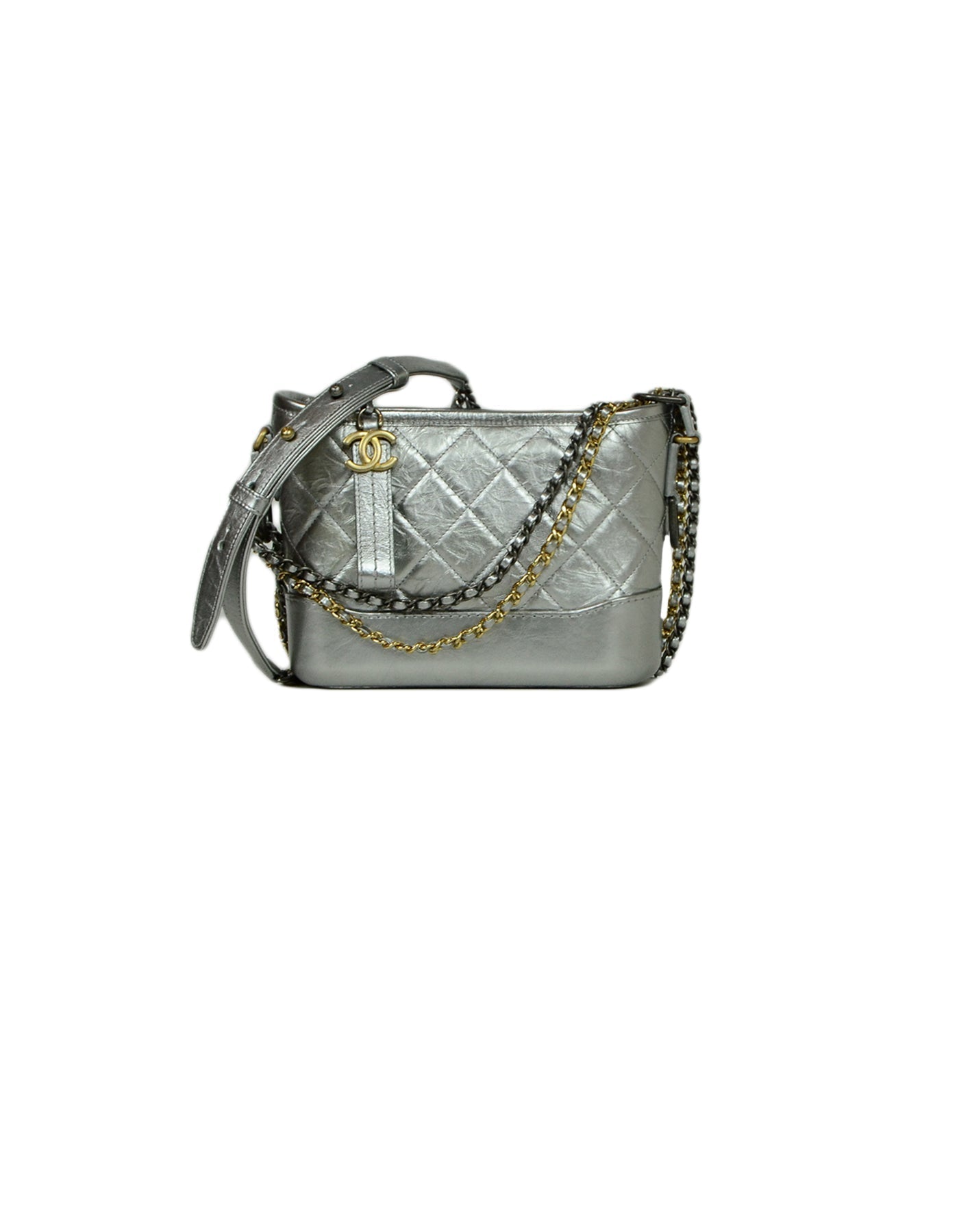 5CHANEL Silver Metallic Aged Calfskin Quilted Small Gabrielle Hobo 100