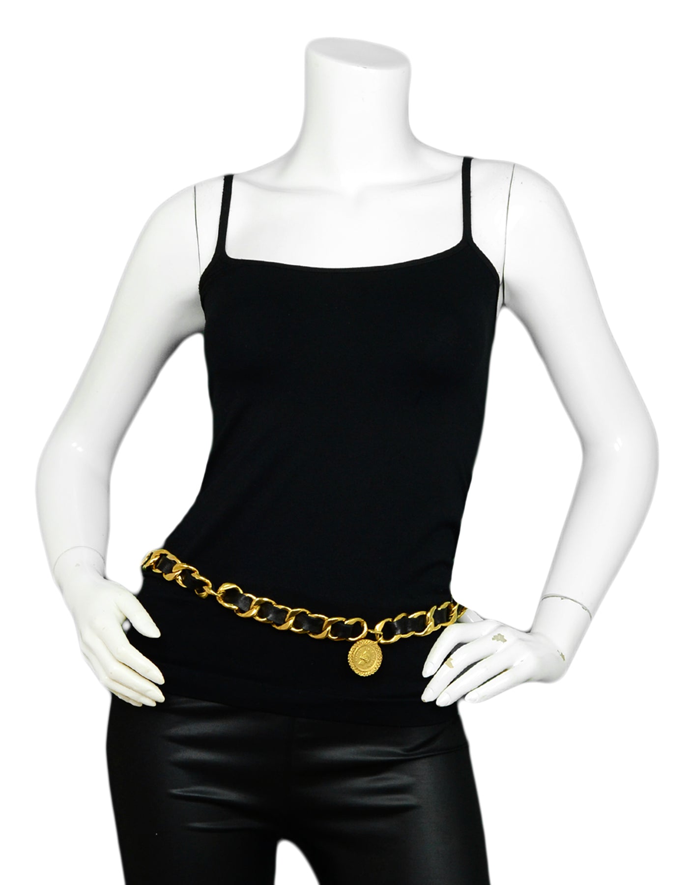 Chanel Black Leather Laced Goldtone Chainlink Belt With Cc Medallion 34" Bag