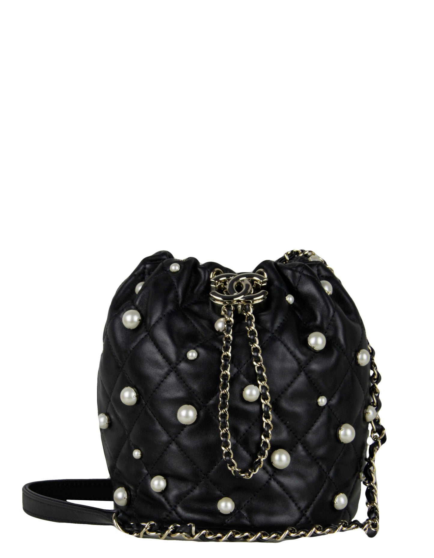 Chanel Black Leather Pearl Bucket Bag