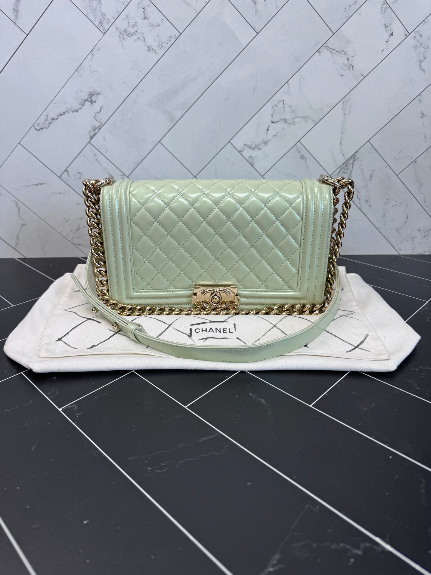 Chanel Mint Patent Leather Medium Boy Bag