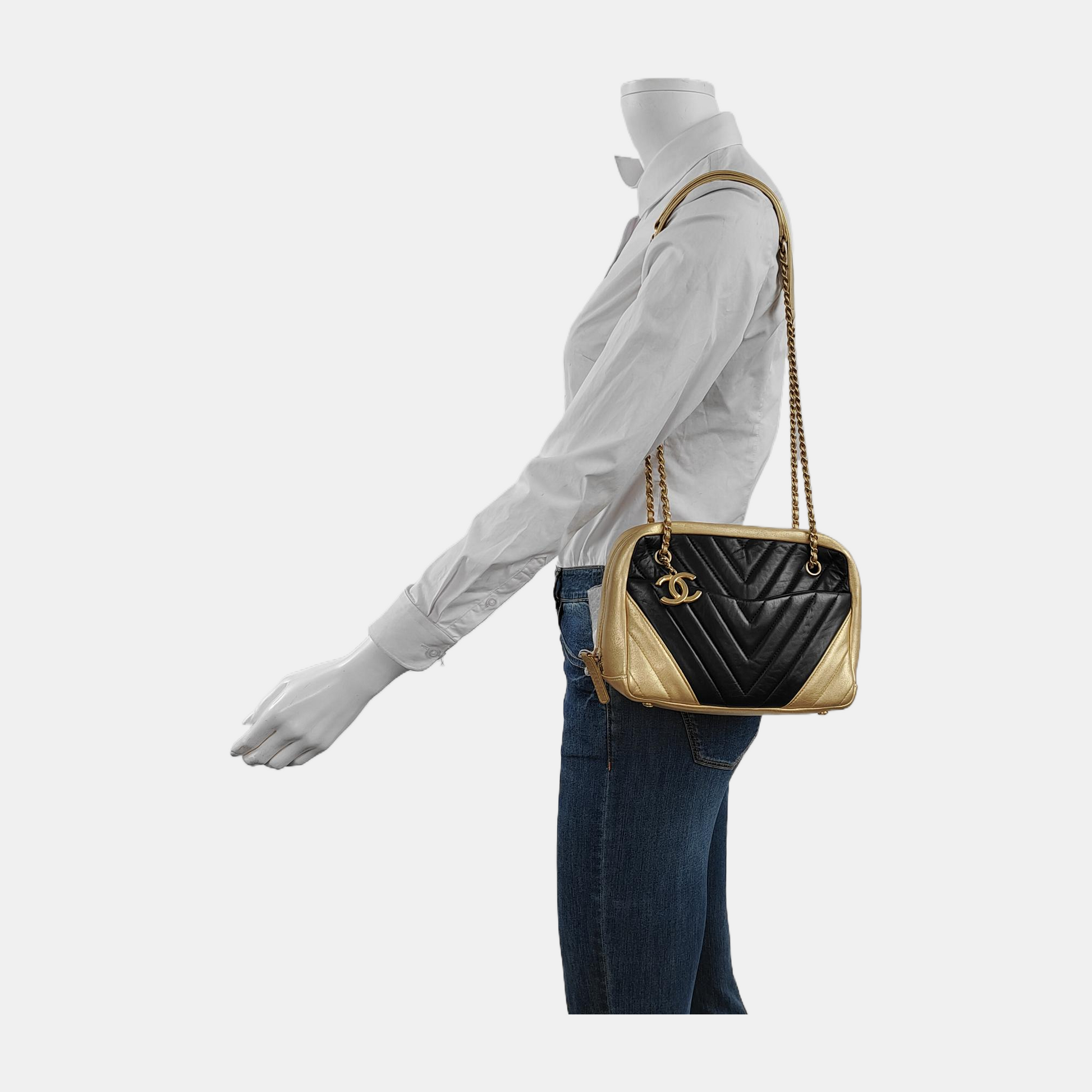 Chanel Camera Chevron Stitching Lambskin Double Black Gold Leather Crossbody Bag