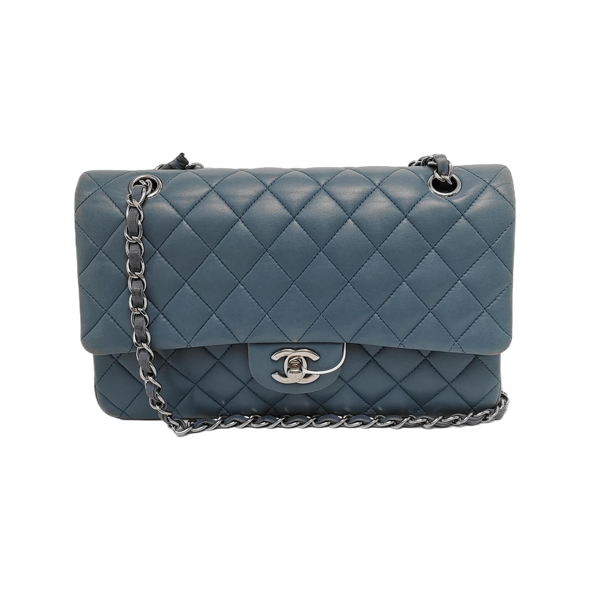 Chanel Timeless Classic Flap Misty Lambskin Hardware Blue Silver Leather Handbag