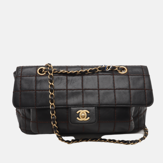 Chanel Chocolate Bar Flap Hardware Black Gold Shoulder Bag