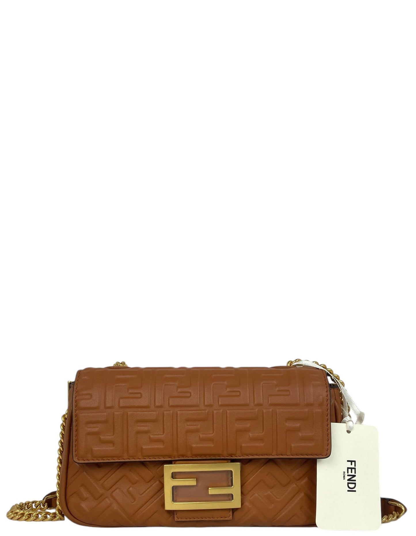Fendi Handbag Embossed Baguette Midi Leather Monogram Brown Shoulder Bag