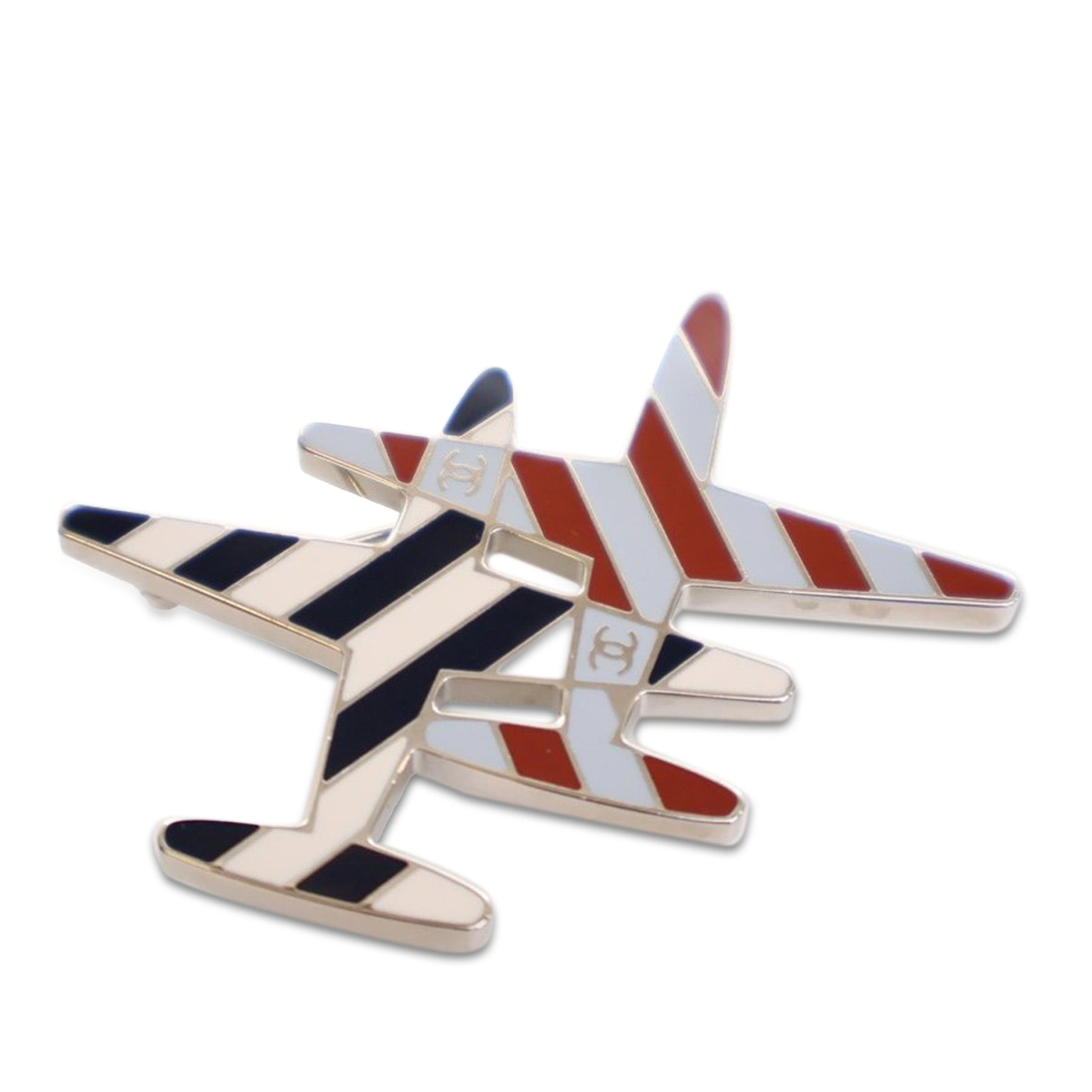 White Chanel Enamel CC Striped Airplane Brooch