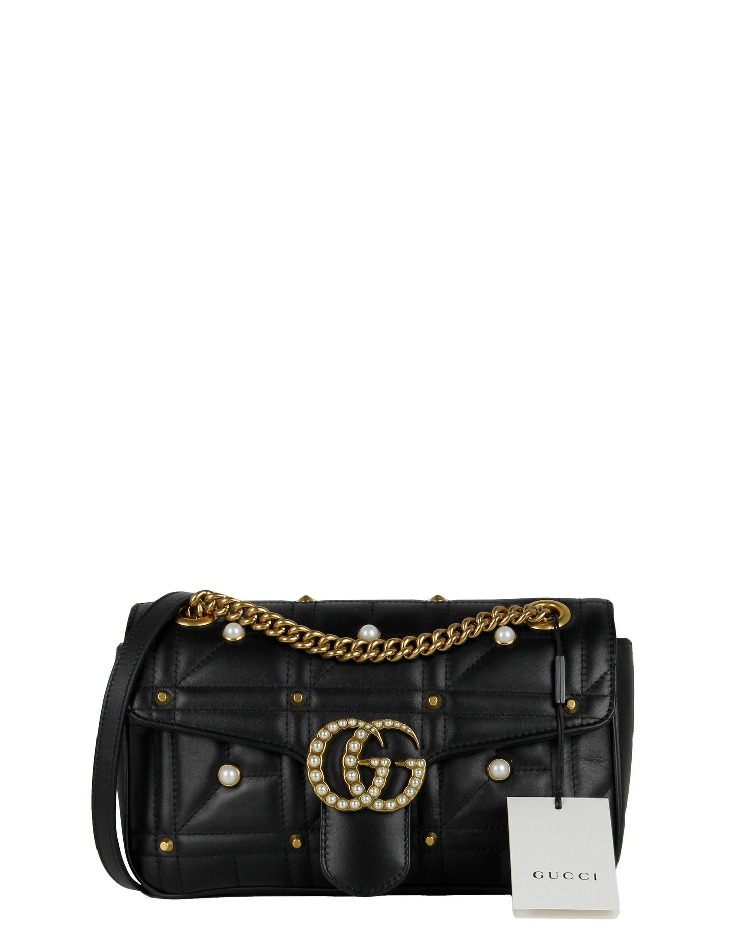 Gucci NWT Black Small GG Marmont Matelassé Pearl Studded Shoulder Bag